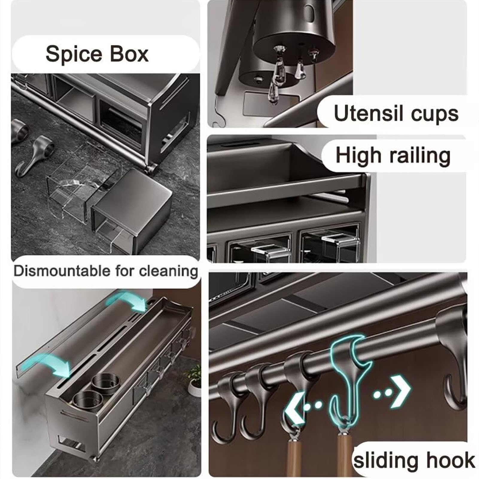 43cm,Portaspezie da Parete Mensola Cucina Parete Senza Perforazione Porta Spezie da Appendere con Portaspezie, Porta Salviette e Ganci, Organizer Cucina per Riporre Spezie