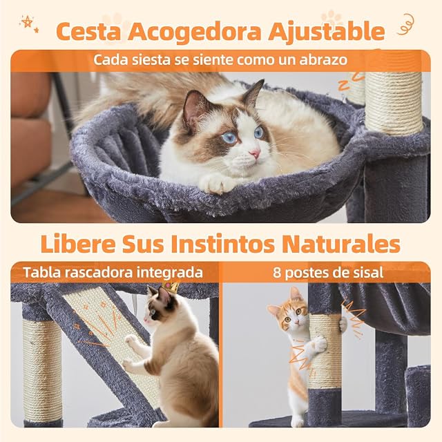 Foto 6 de 8 de Taoqimiao Rascador para Gatos 180cm, Árbol para Gatos Grandes, 8 Postes de Sisal para Arañar, Panel Rascador