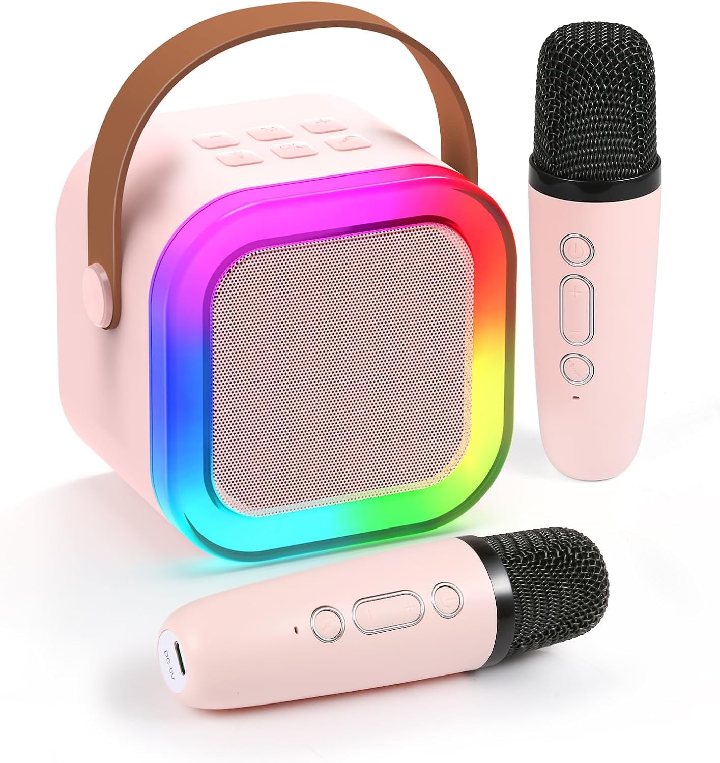 Karaoke Machine for Kids Adults, Mini Karaoke Machine with 2 Wireless Microphone, Portable Bluetooth Speaker with Voice Changing Effects & LED Lights, Best Gifts Toys for Girls and Boys
