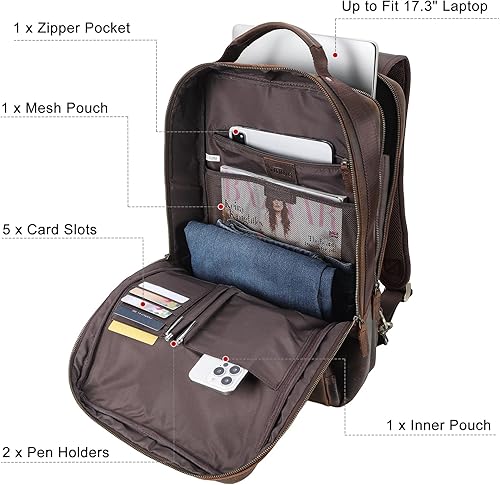 Miniatura 4 de TIDING Mochila para portátil de cuero de grano completo de 17.3 pulgadas para hombres, maletín de negocios convertible para fin de semana, bolsa de