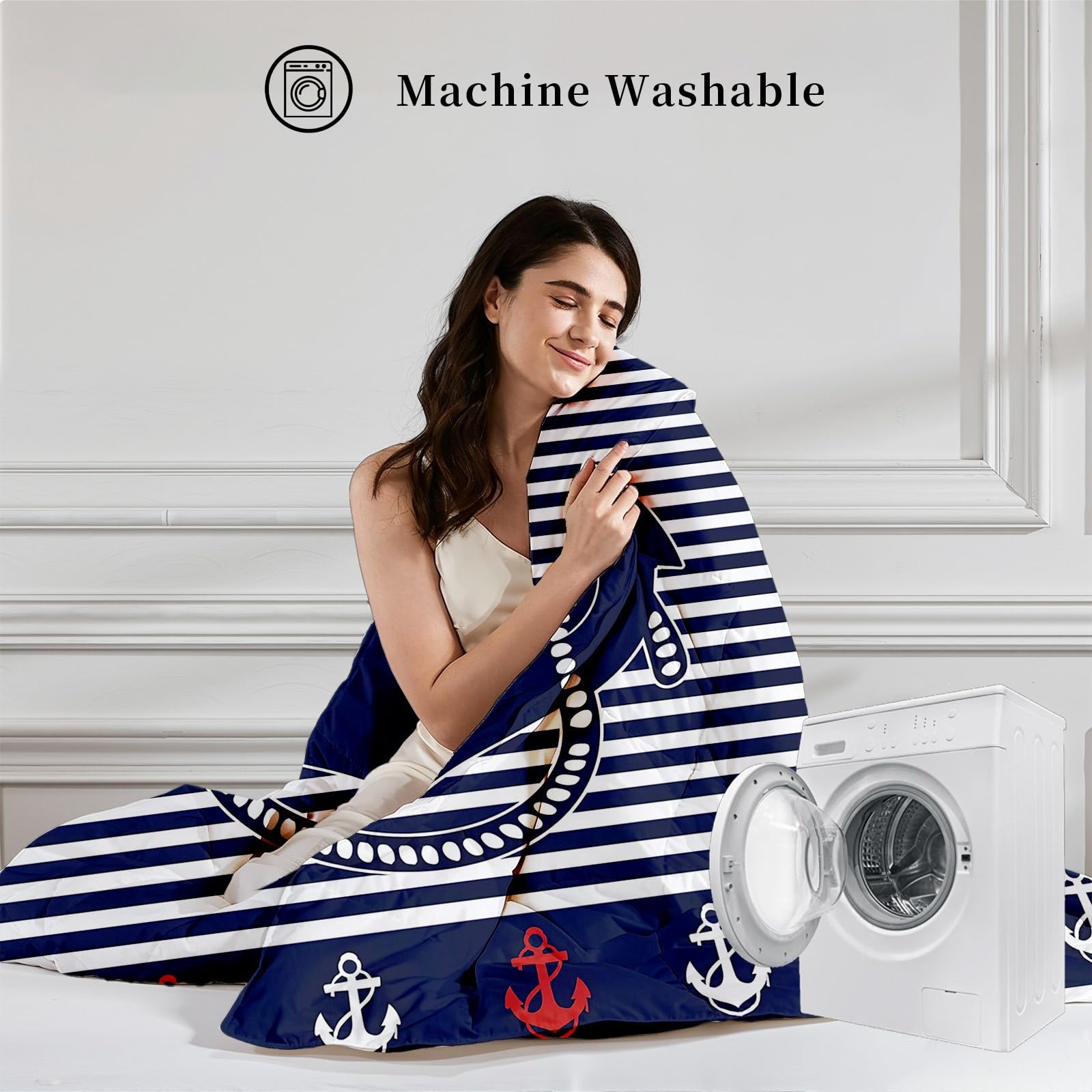 Nautischer Anker Bettdecke Ohne Bezug - Blau Weiß Streifen Bettdecke 220x240 mit 2 Kissenbezug 80x80 cm - Waschbare Bettdecken Weich für 4 Jahreszeiten Duvet mit Reißverschluss
