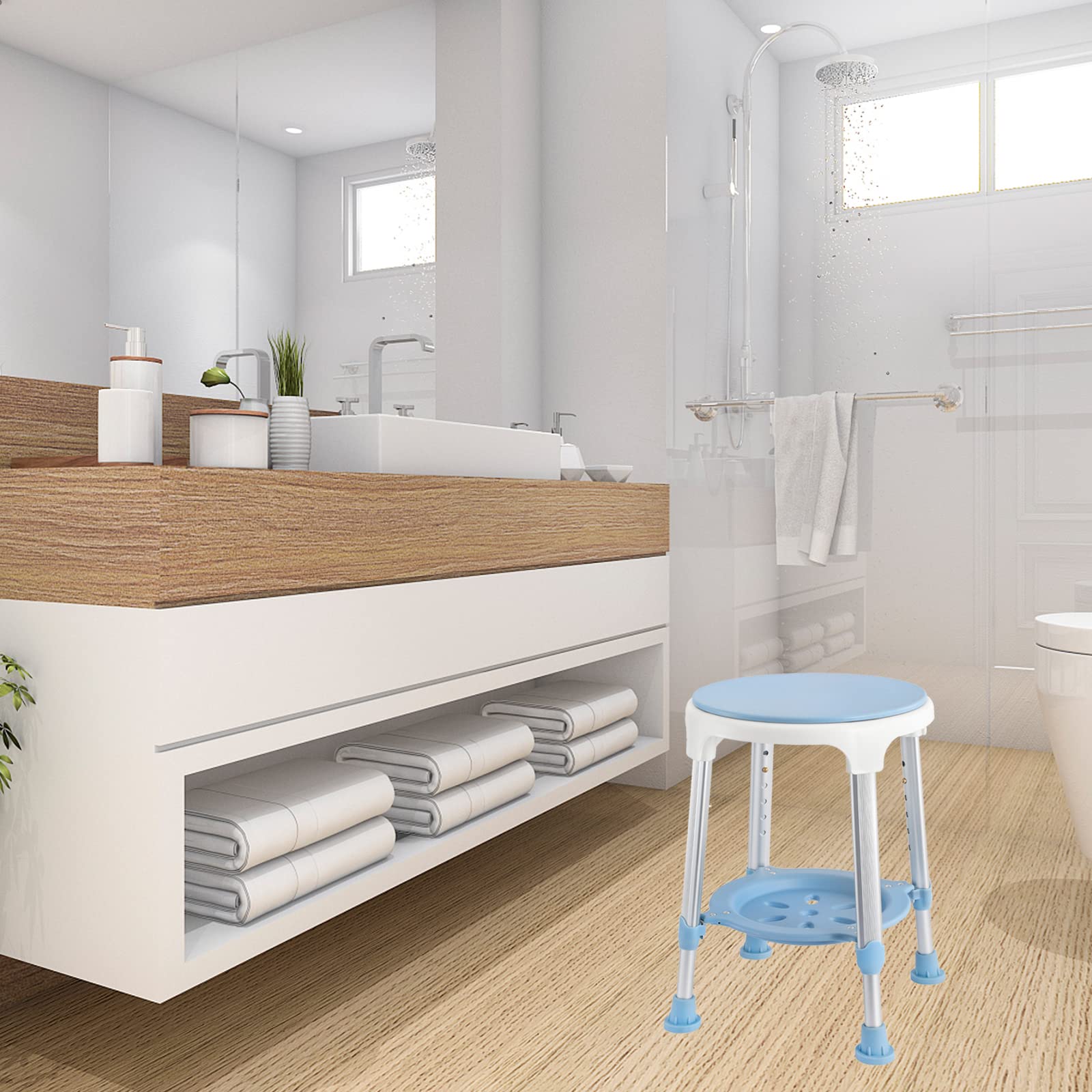YRHome Stołek prysznicowy obracany o 360°, z regulacją wysokości, krzesło kąpielowe, krzesło prysznicowe, antypoślizgowy taboret łazienkowy z praktyczną półką, do 150 kg, pomoc pod prysznic, siedzisko