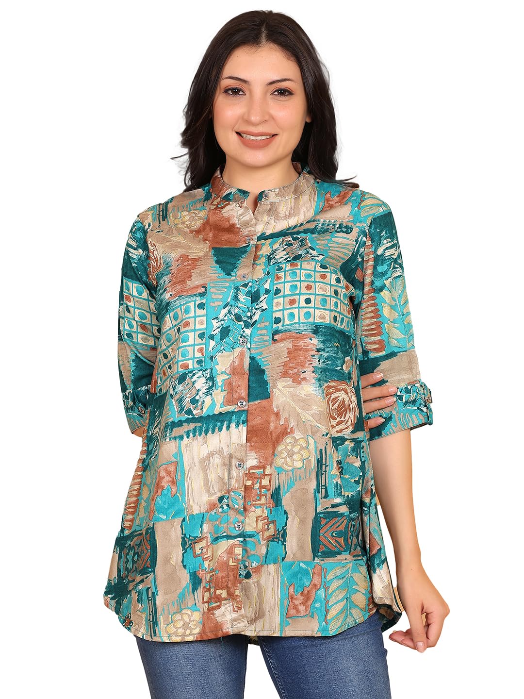 fims - fashion is my style Rayon Abstract Printed Short Kurti for Women, Tunics Tops, Ethnic Wear for Office, Mandarin Collar V Neck, Roll-Up Sleeves, Summer Wear, Ideal Gift for Girls-picture-17