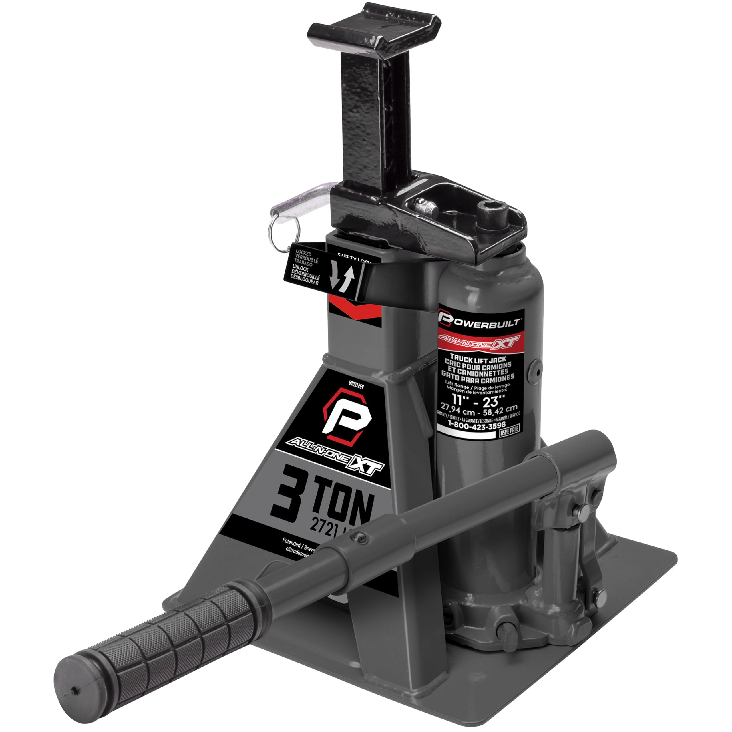 POWERBUILT 3 Ton All-in-One Hydraulic Bottle Jack and Jackstand in One, Compact, Wide Base, 11-21 Inch Range, Eliminates Jackstands, for Trucks, SUVs, RVs, Trailers, ASME, Not for Sedans - 640912
