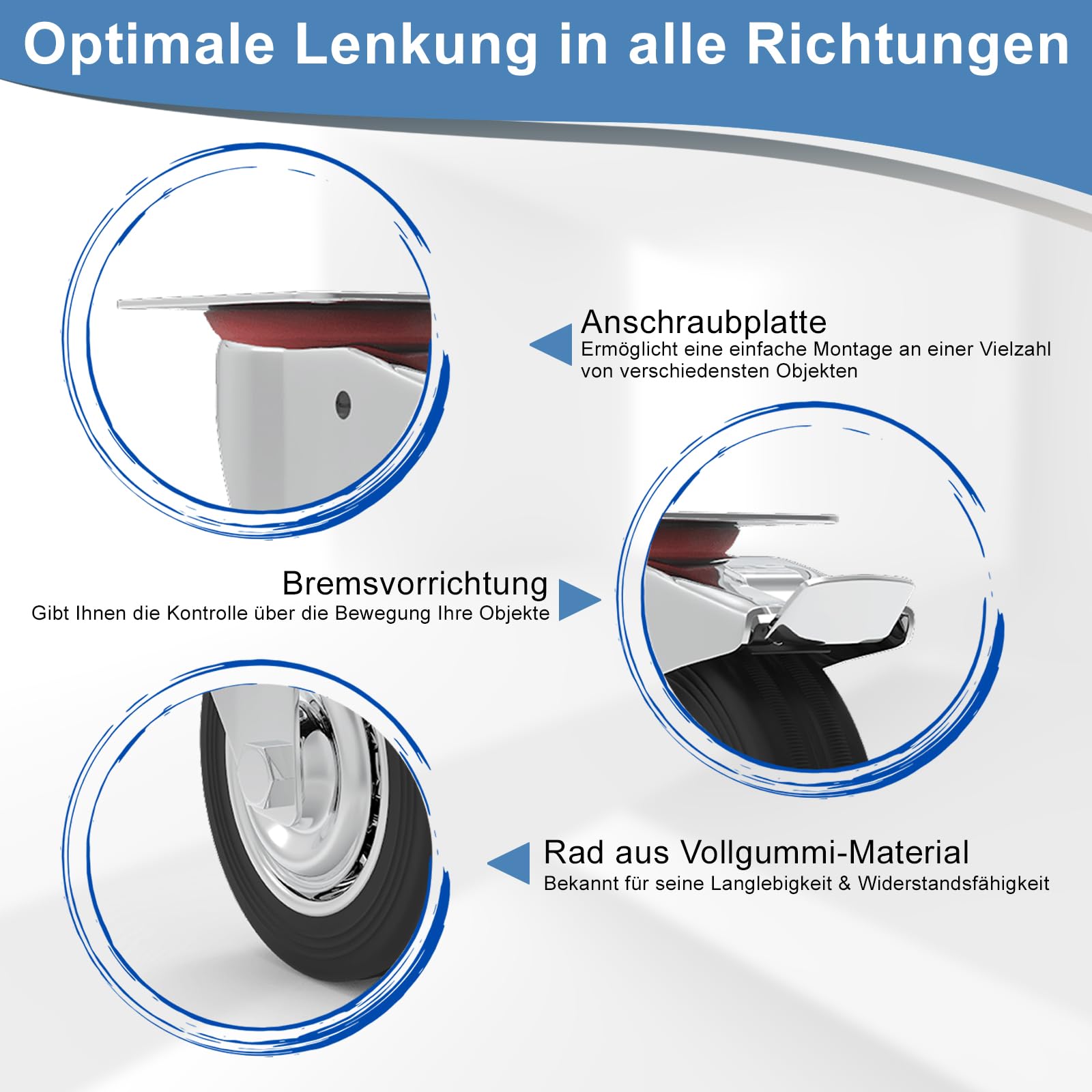 Schwerlastrollen Transportrollen Schwarze Industrierollen - 100mm Rollen-Set: 2x Bockrolle + 2x Lenkrollen mit Bremsen - Spurlose & Massive Rollen für Werkstatt Werkzeugwagen Hochbeet