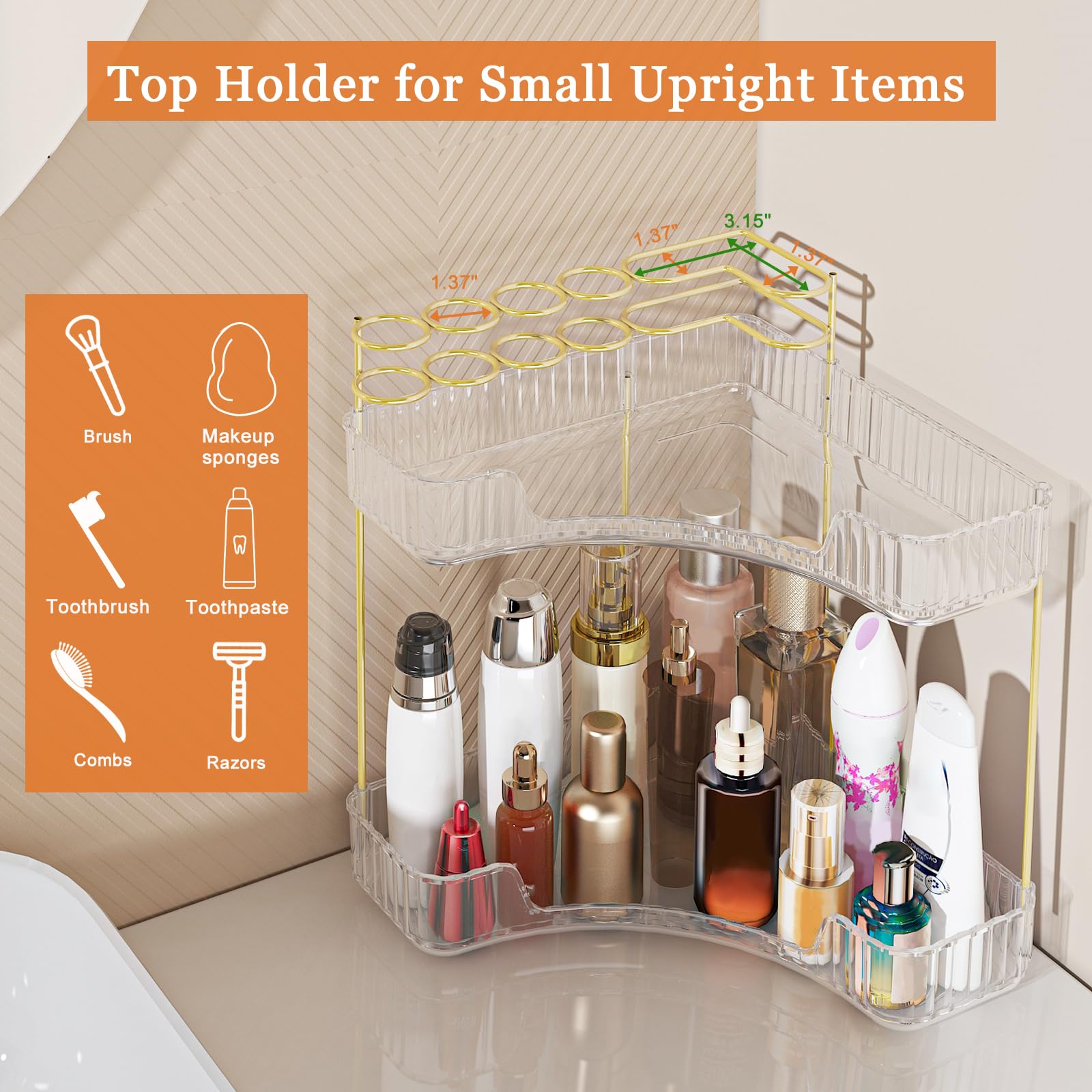 Webetop Eck-Make-up-Organizer für Schminktisch, 2-stöckig, Badezimmer-Kosmetik-Organizer, Arbeitsplatte mit Make-up-Pinselhalter, Eck-Theke, Aufbewahrung, Hautpflege-Organizer für Badezimmer, Kommode,