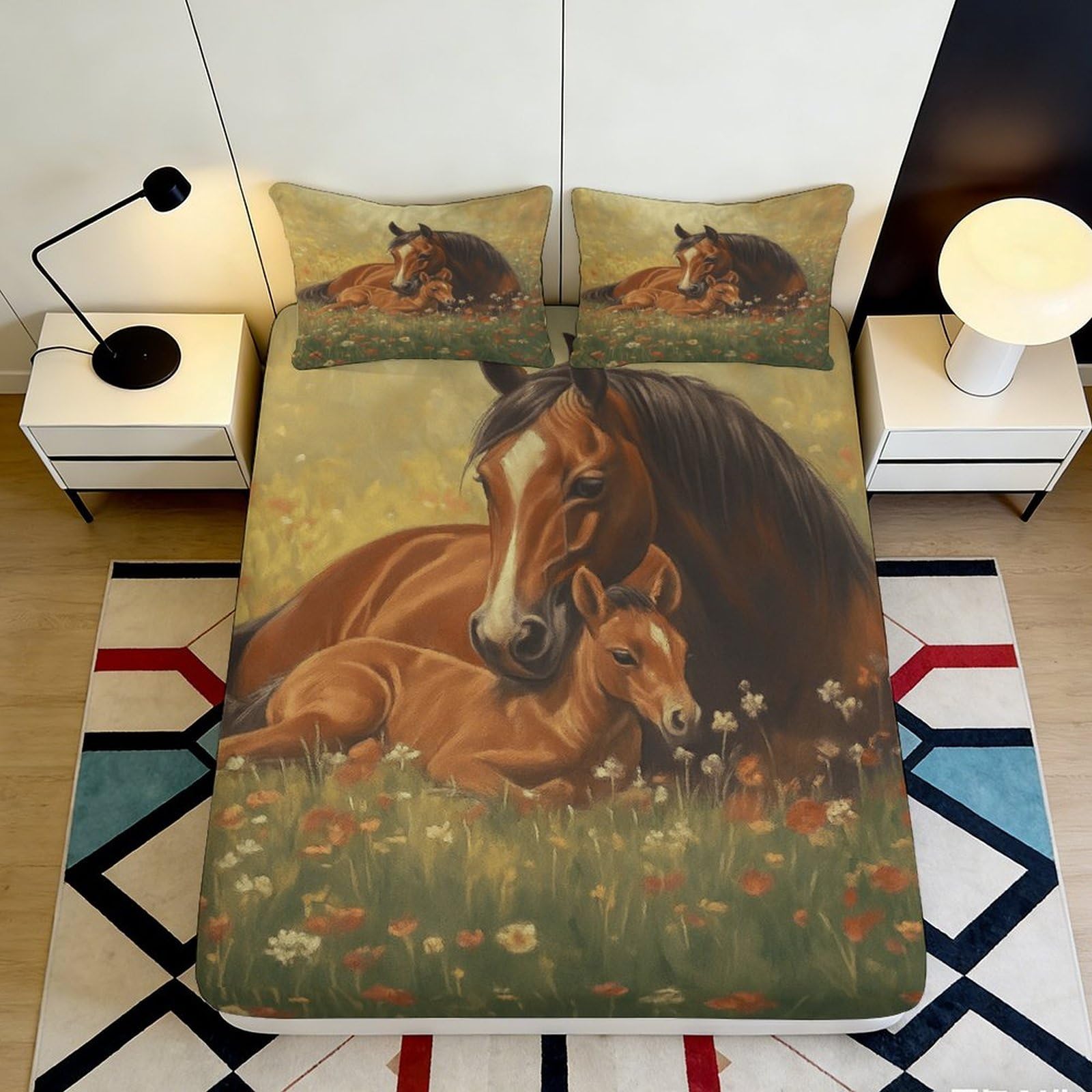 3D Printed Horse Family Fitted Sheet Microfiber Deep Pocket Non-Slip for Adults Bedroom Bedding Horse Mattress Fitted Cover Washable 140x200x25cm