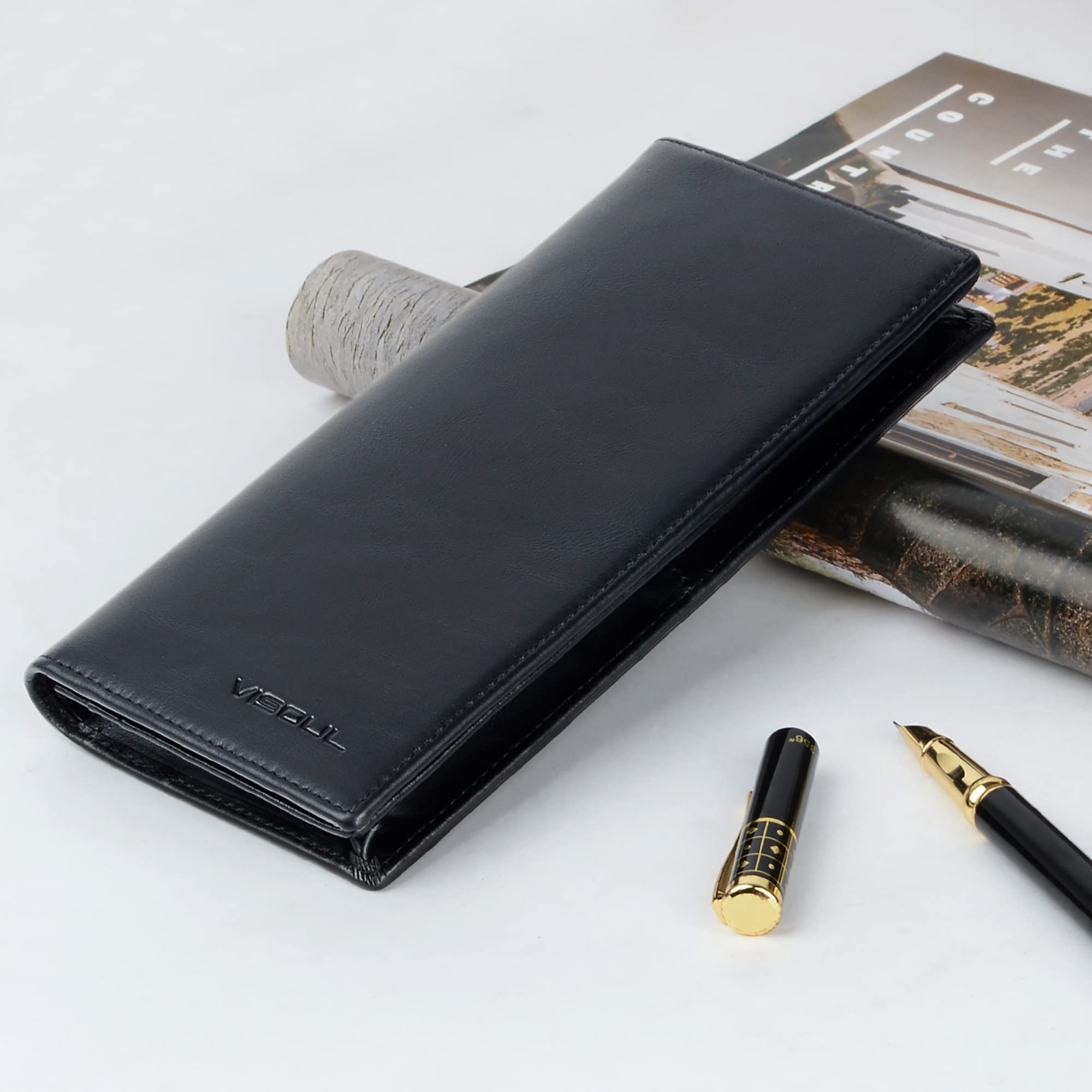 VISOUL Portefeuille Homme en Cuir Véritable, Portefeuille Long à Deux Volets en Cuir avec Blocage RFID, Porte Chéquier avec 3 Compartiment à Billets et 12 Emplacements pour Cartes (Noir)