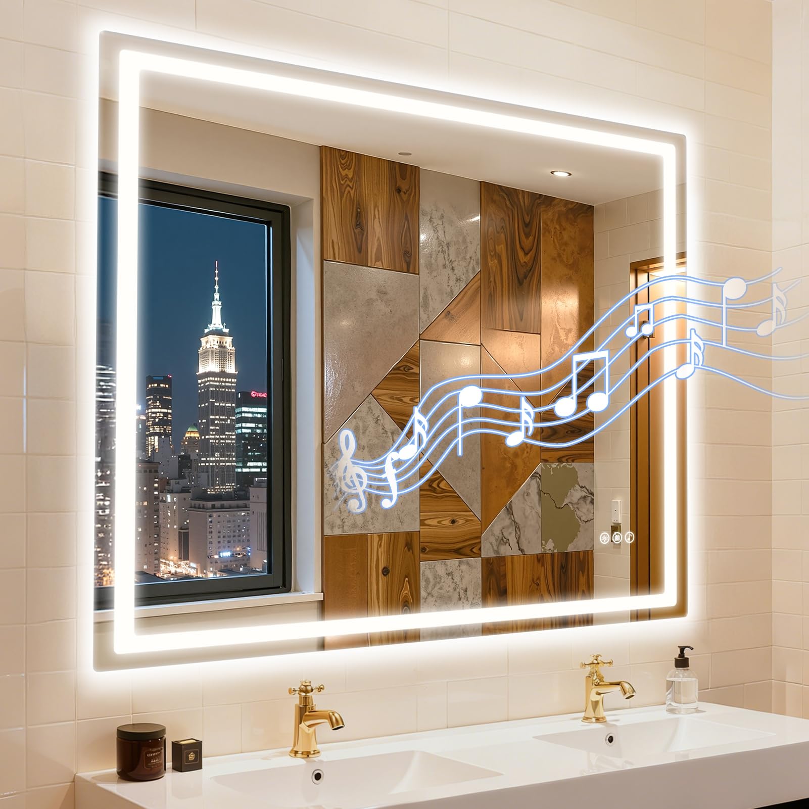 Miroir LED Salle de Bain 100x80 cm, Antibué, Haut-Parleurs Intégrés, Éclairage 3 Températures avec Toucher Sensible, Mémoire d’Éclairage – Mural pour Toilette B