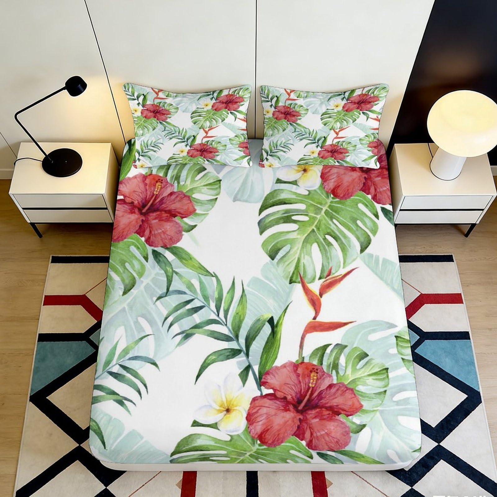 3D Printed Tropical Hibiscus Fitted Sheet Microfiber Soft Breathable Monstera Mattress Cover Bedroom Decor 120x200x25cm