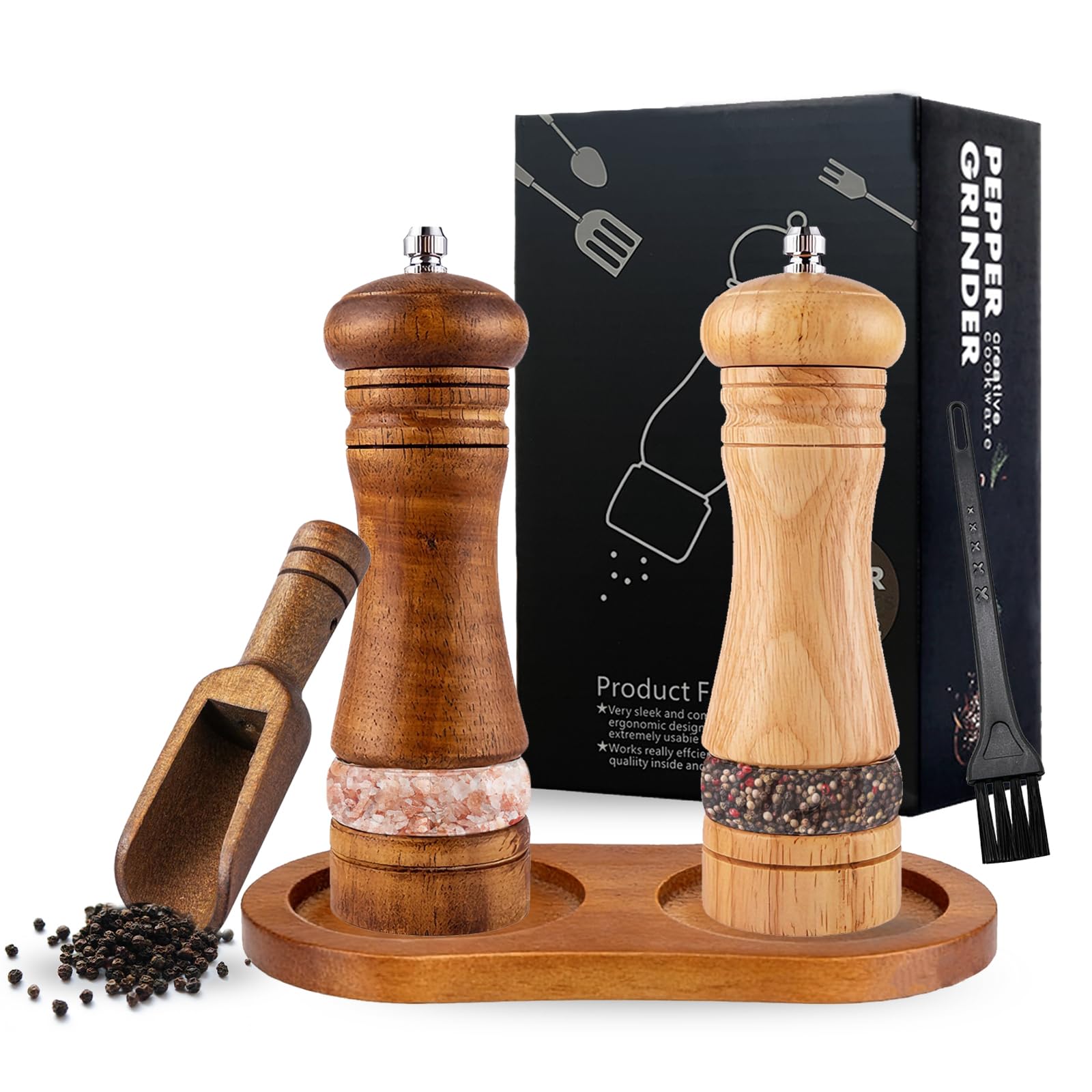 Set Macina Sale e Pepe in Legno, 2 Pezzi da 16,5 cm, Macina Pepe Manuale con Meccanismo in Ceramica Regolabile, Vassoio e Pennello per Spezie, Cumino, Sesamo, Paprika