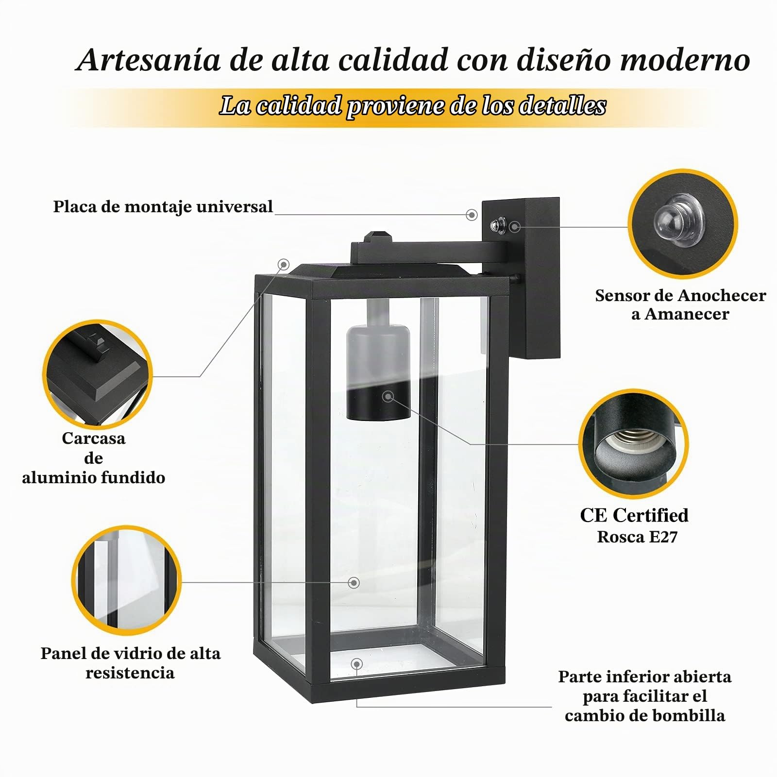 HLFVLITE Luz De Pared Exterior Dusk to Dawn, Accesorio De Farol De Pared De Aluminio, Casquillo E27, Impermeable Para Entrada De Porche, Garaje, Negro