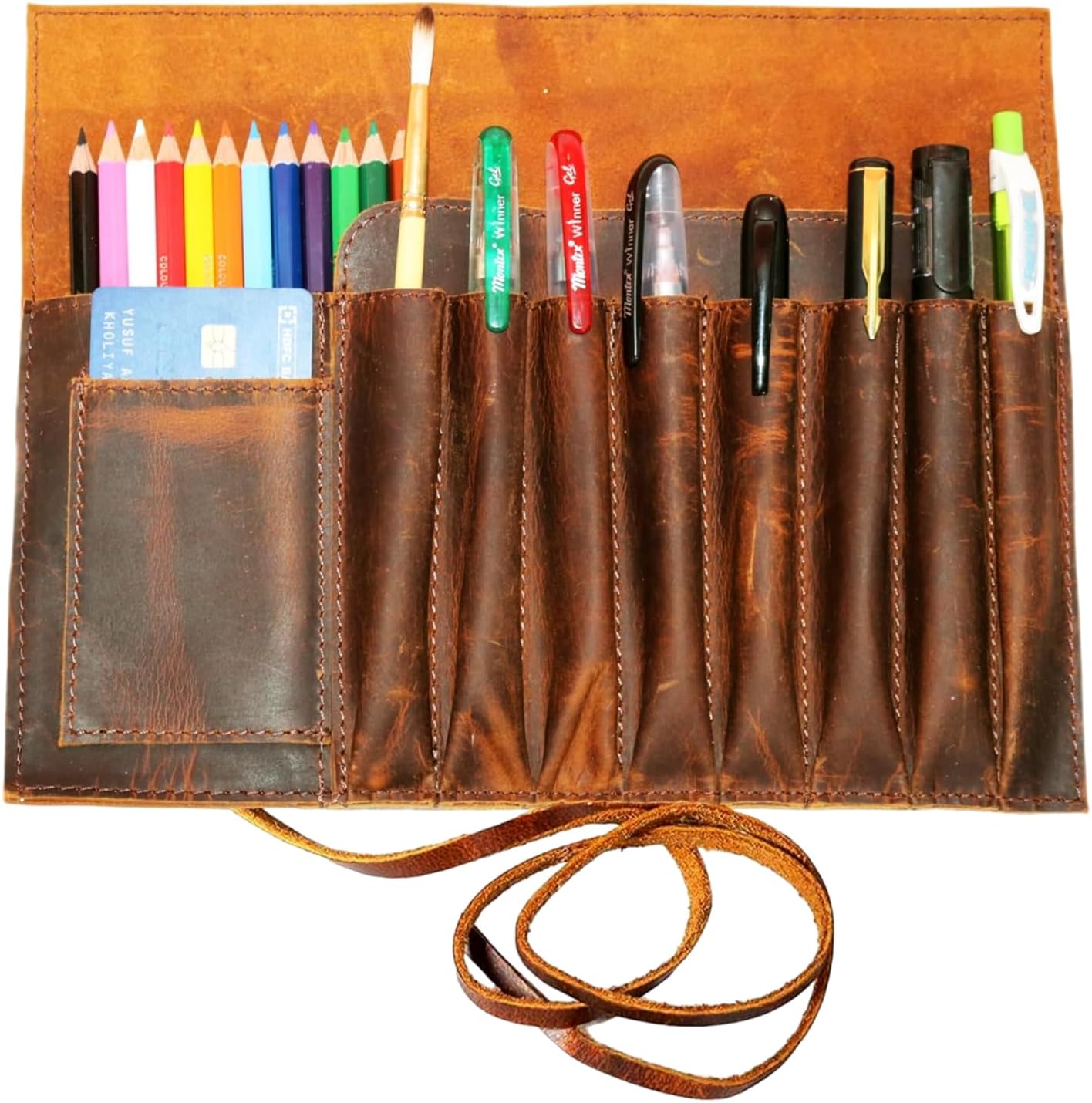 Jaald Genuine Leather Pencil Roll Brush Case Pen Holder Organizer Brushes Ruler Stationary Pouch Gift for Students Artist Painter & Writer String Closure Vintage