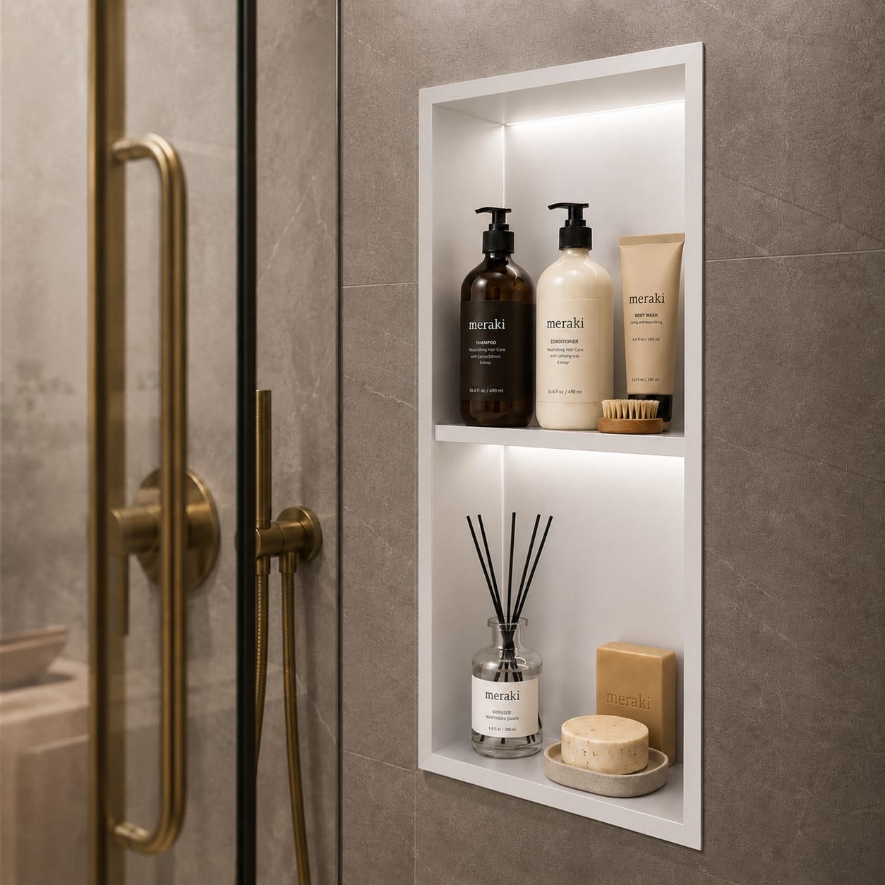Hornacina Ducha Empotrable con LED 33x63 cm Nicho Ducha Vertical Doble Acero Inoxidable S.304 Nicho Baño Pared | Estante Ducha Iluminado Anticorrosión | MEDIMEX Marshall (Blanco Mate)
