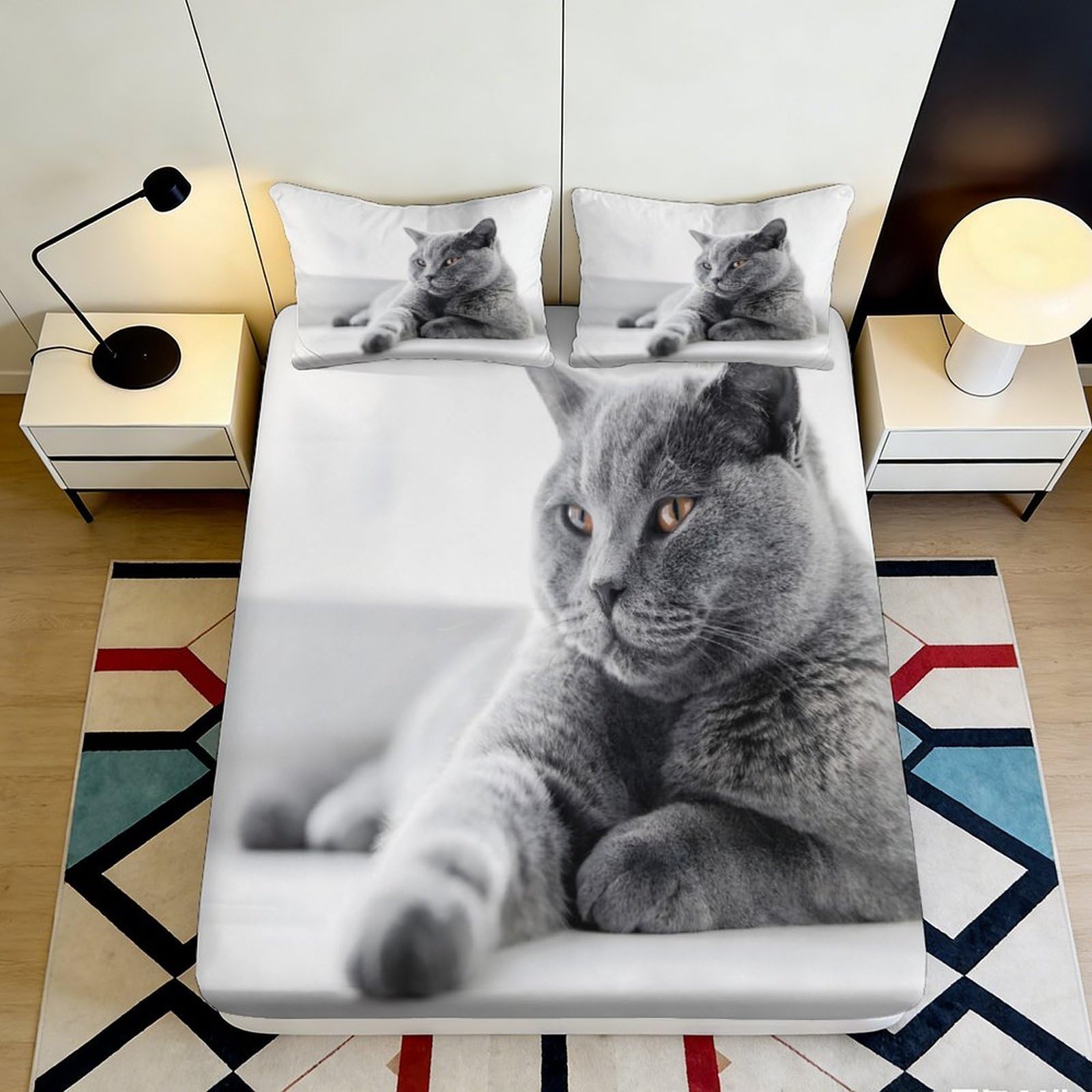 3D Printed Grey Cat Fitted Sheet Microfiber Soft Breathable 3D Printed Cat Mattress Cover for Bedroom Dormitory Guest Room Protection Decor 120x200x25cm