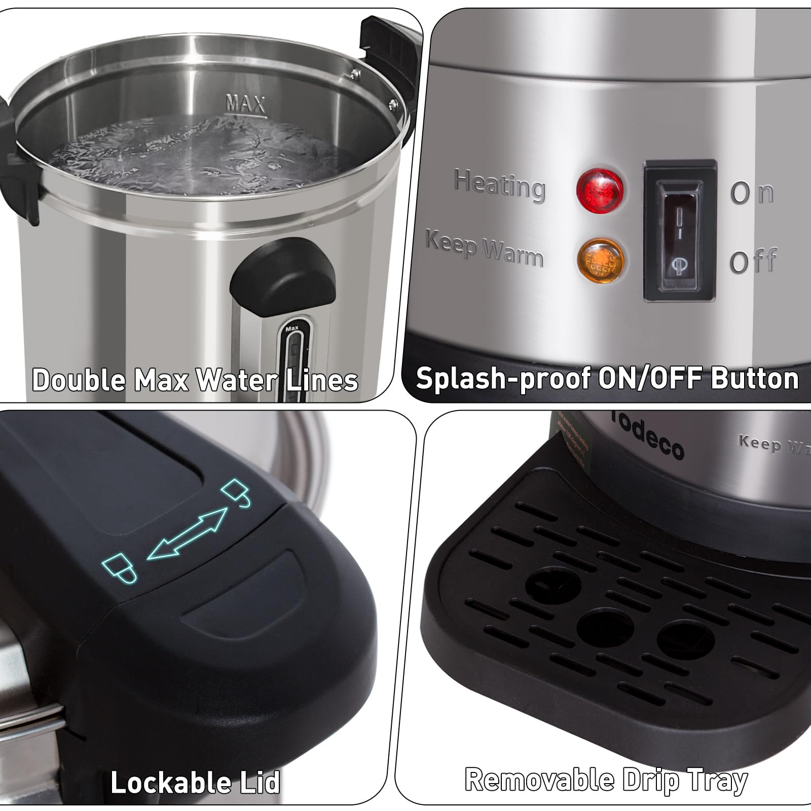 Todeco Bollitore per Vin Brulé 9,3 L, Macchina per Bevande Calde in Acciaio Inox, con Rubinetto, vaschetta di raccolta, termostato, Impostazione Della Temperatura 30-110°C, 1500 W