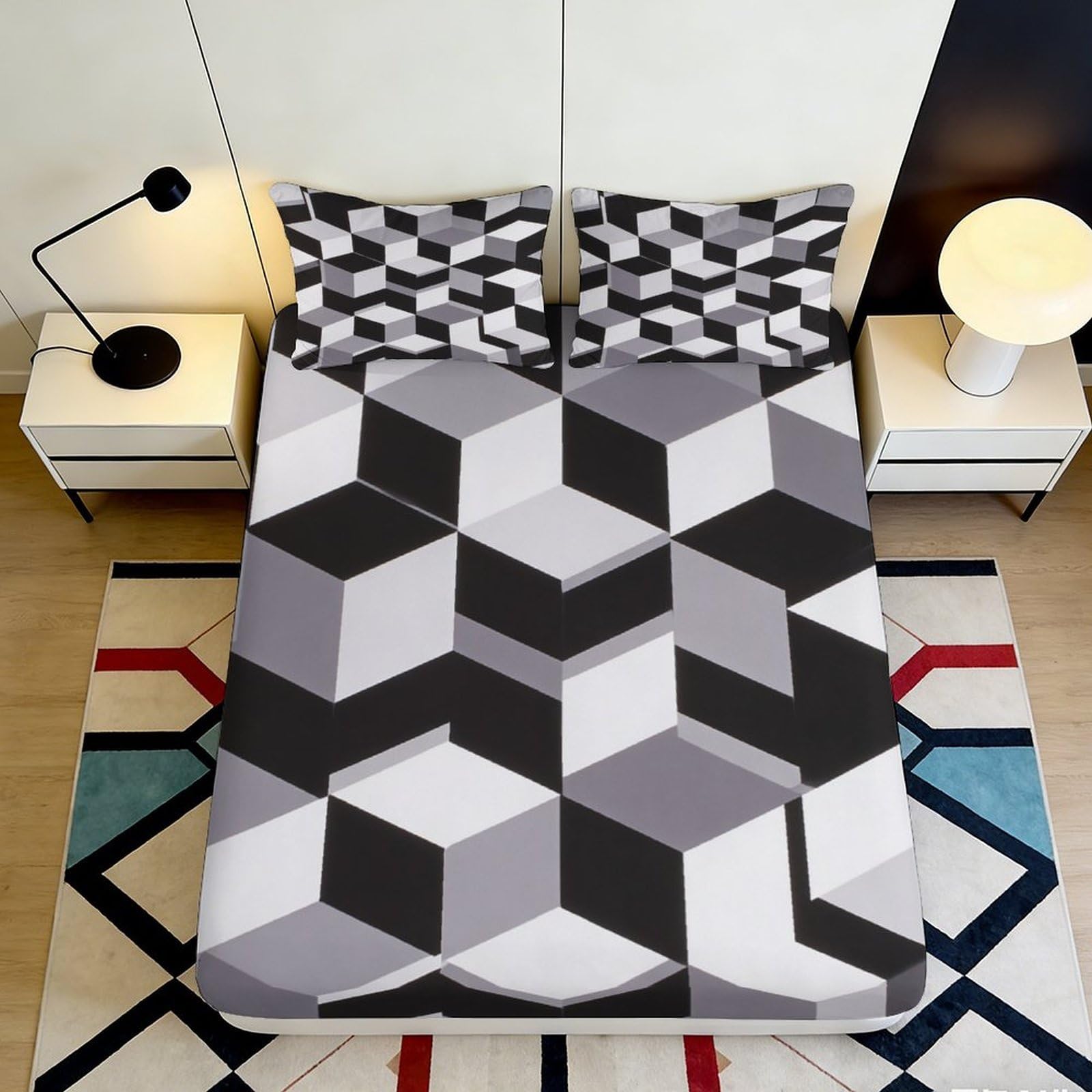 3D Printed Geometric Cube Fitted Sheet Microfiber Black Grey Modern Mattress Cover for Bedroom Dorm Decor 90x200x25cm