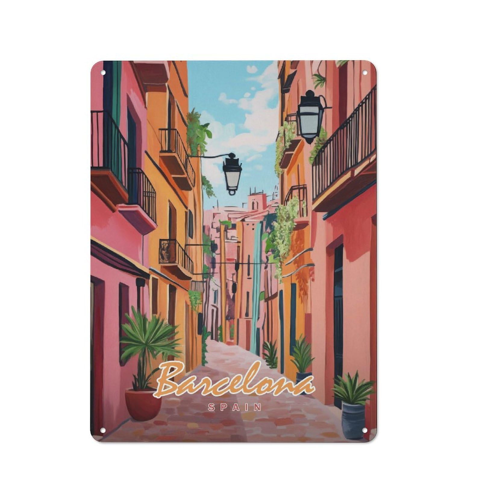 Junmoney Style-21 Tin Wall Plaque 40X30cm With Barcelona Street Painting For Home Office Or Studio, For Garage, Workshop And Man Cave Decoration