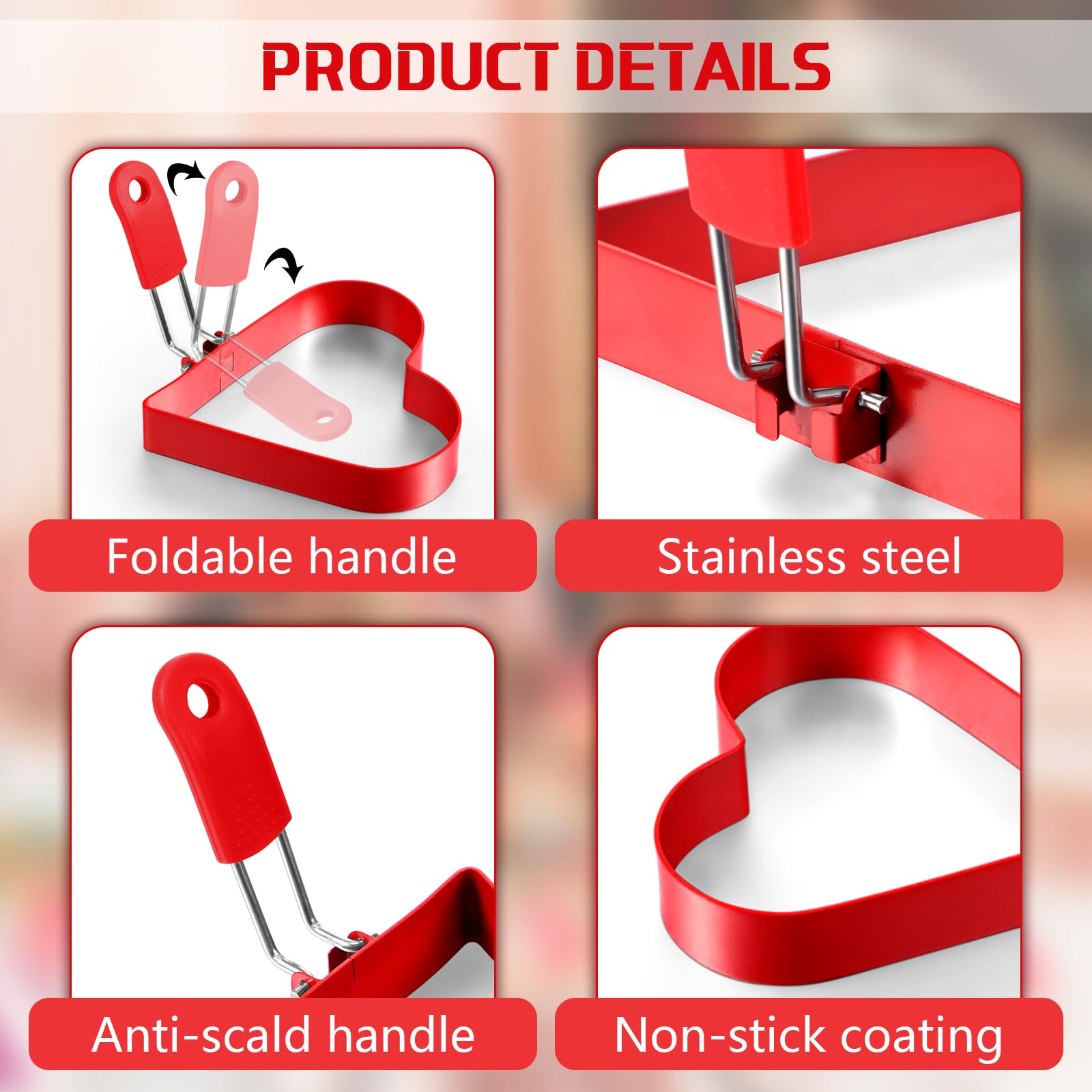 Juego de 6 moldes para panqueques con forma de corazón frito con forma de corazón frito, moldes de acero inoxidable para panqueques con mango de silicona para regalos de Navidad, cocina 3