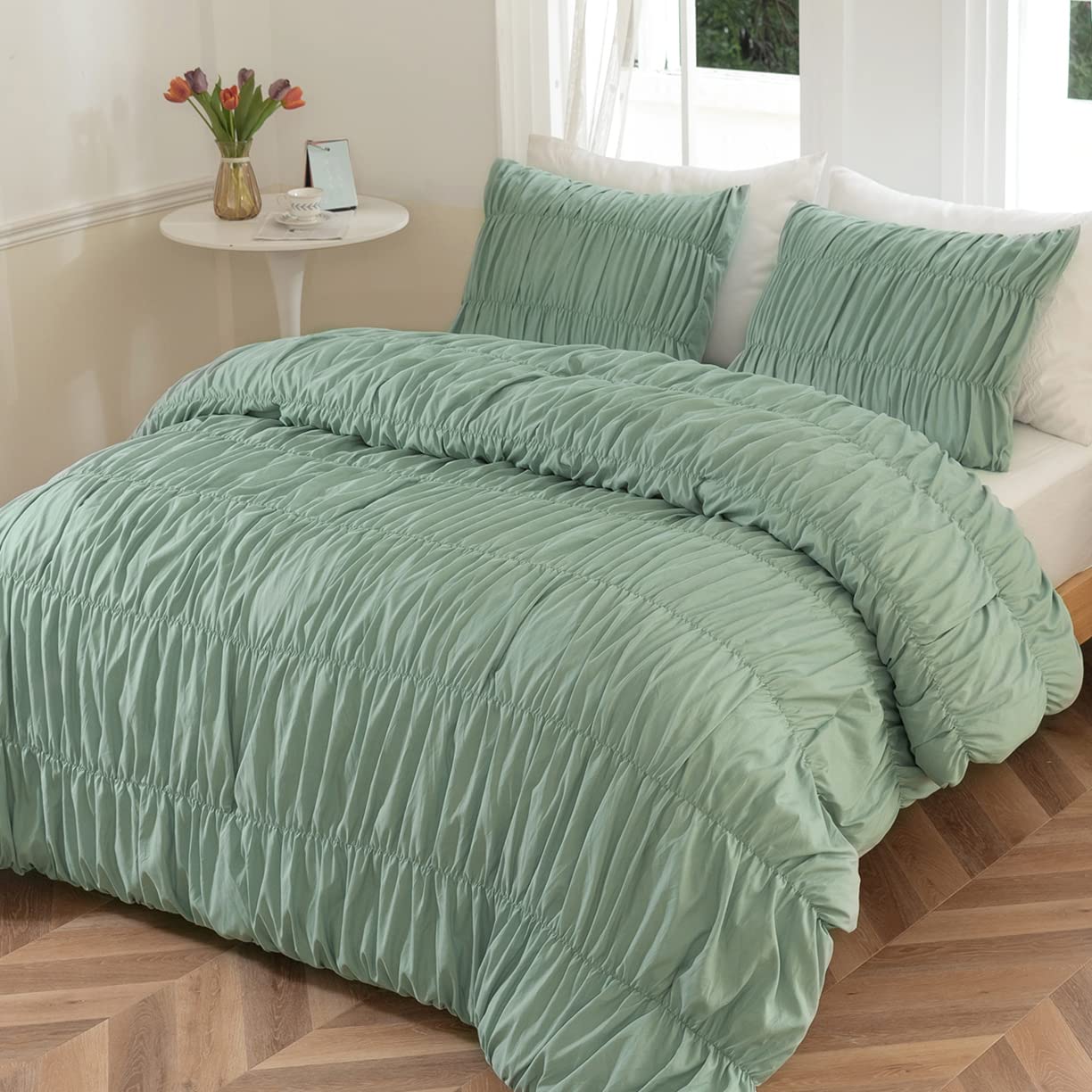 LEAFAX King Comforter Set Pleats- 3 Pieces Microfiber Bedding Set with 1 Comforter, 2 Pillow Shams Lightweight All-Season Bed Set - King, SageGreen