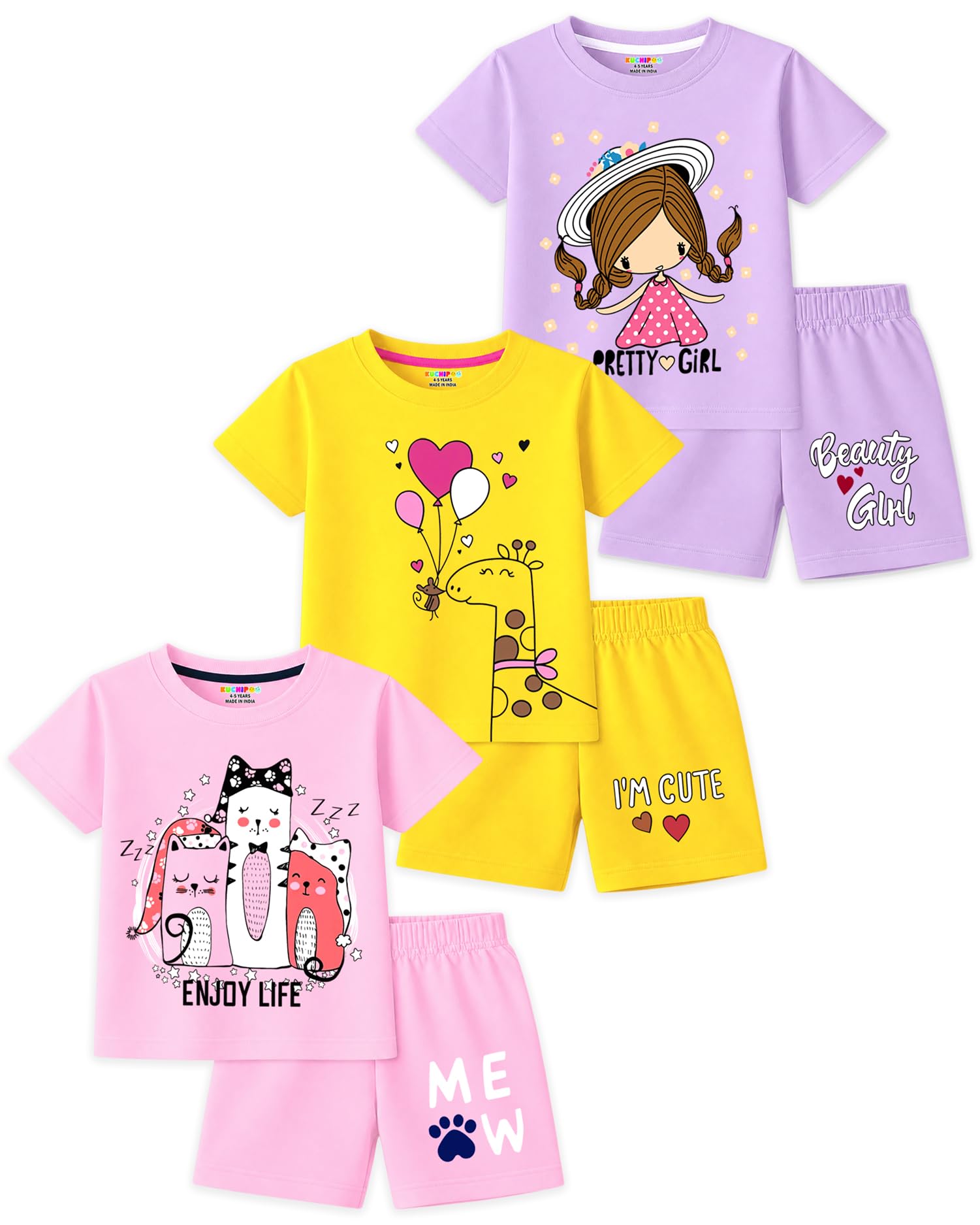 kuchipoo Girls Cotton T-Shirt & Shorts | Printed Summer Wear Set | Soft & Comfortable Kids Clothing | Pack of 3-picture-20