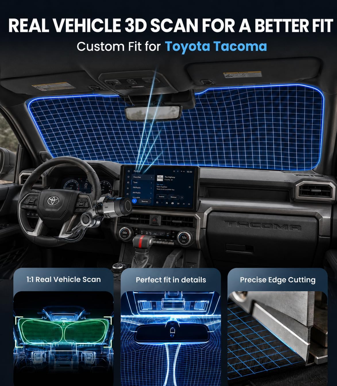 Zanch Custom Windshield Sun Shade for Toyota Tacoma 2016-2026, 7-Layer Heavy-Duty UV & Heat Block Protection, 3D Scanned Fit Truck Window Shade, Instant Cooler, Foldable Accessories