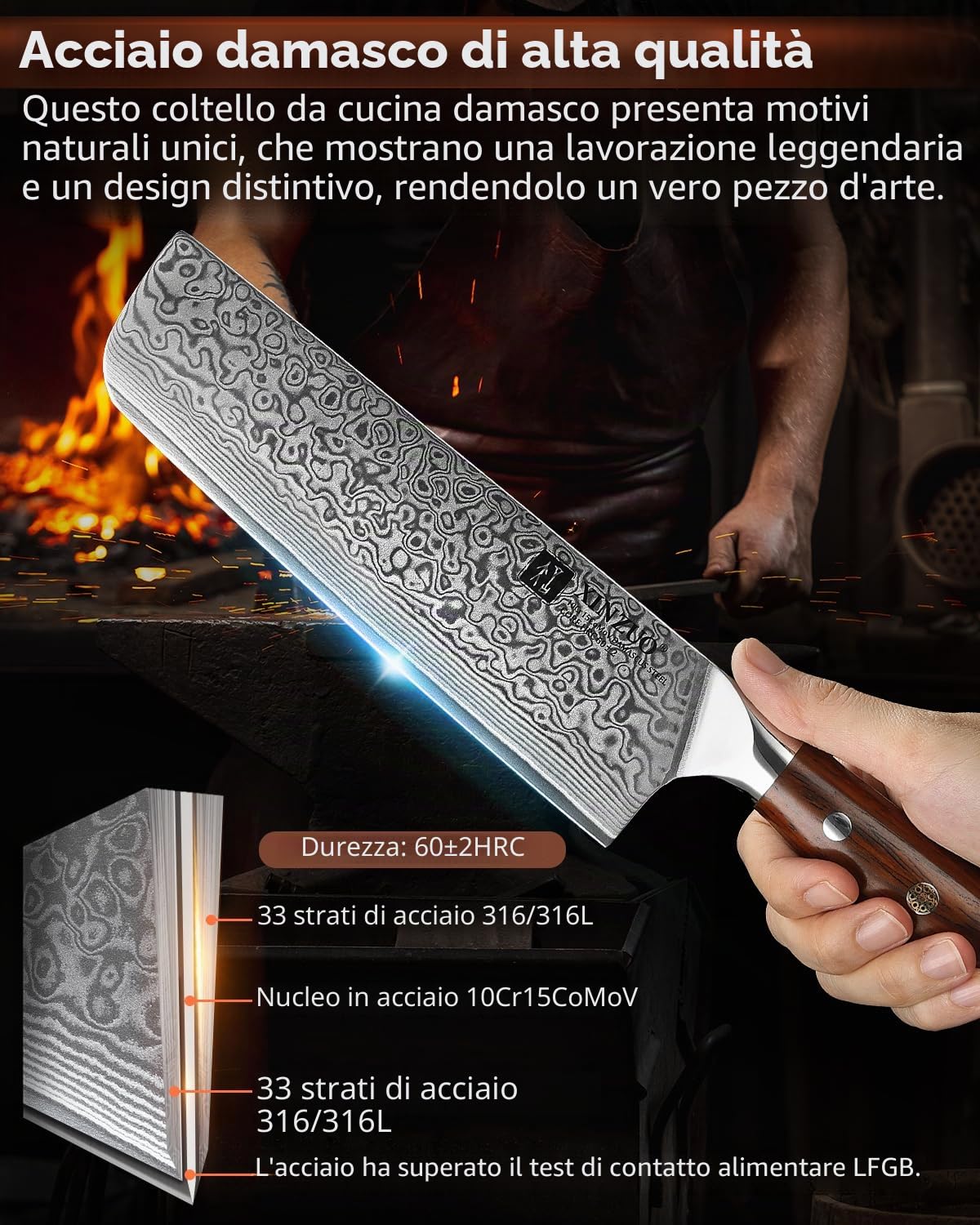 XINZUO 18.5cm Acciaio Damasco Coltello Nakiri, Affilata Coltello da Cucina 67 Strati Acciaio Damasco Professionale Coltello da Cuoco, Adatto per Carne, Verdura, Frutta-con Manico in Legno di Rosa