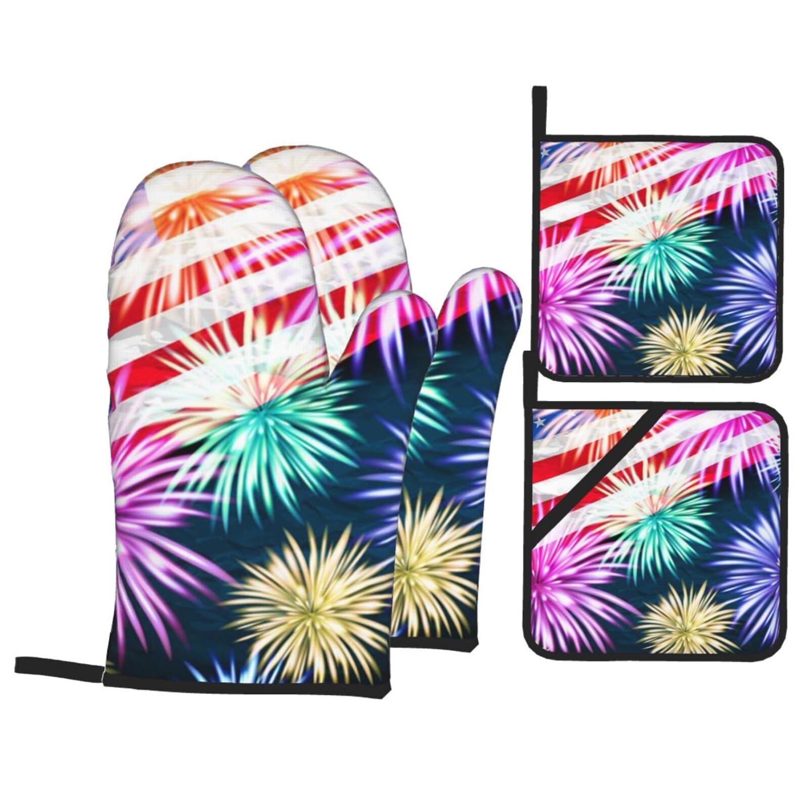 Patriotic 4th Of July American Flag Print Stylish Heat-Resistant Oven 4-Piece Set Kitchen Gloves Roasting Daily Cooking