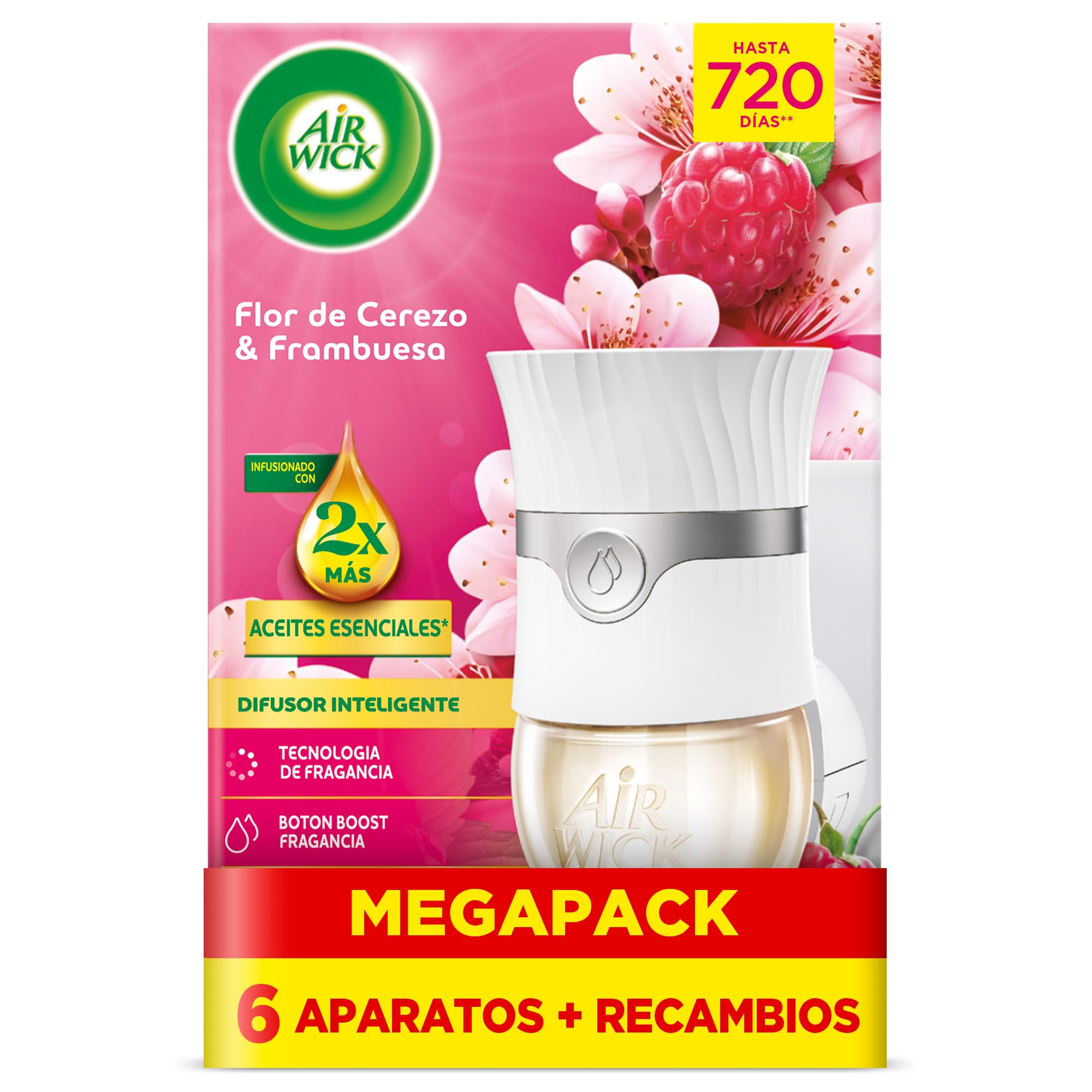 Air Wick Eléctrico Aparato y recambio de ambientador automático eléctrico, con aroma a Flor de Cerezo & Frambuesa - 6 Aparatos + 6 Recambios, El embalaje puede variar