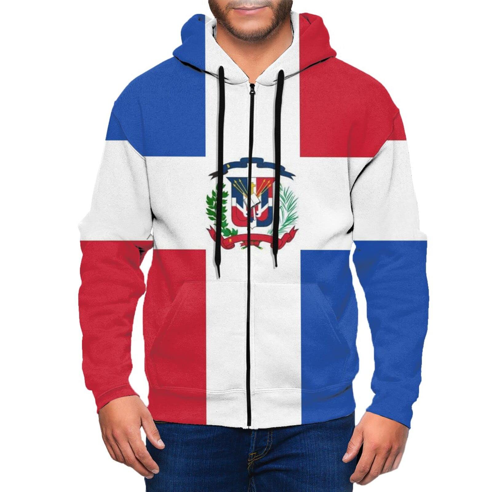 DJNGN Flag of the Dominican Republic Men's Hoodie Full-Zip Pullover Sweatshirts with Pocket Jacket