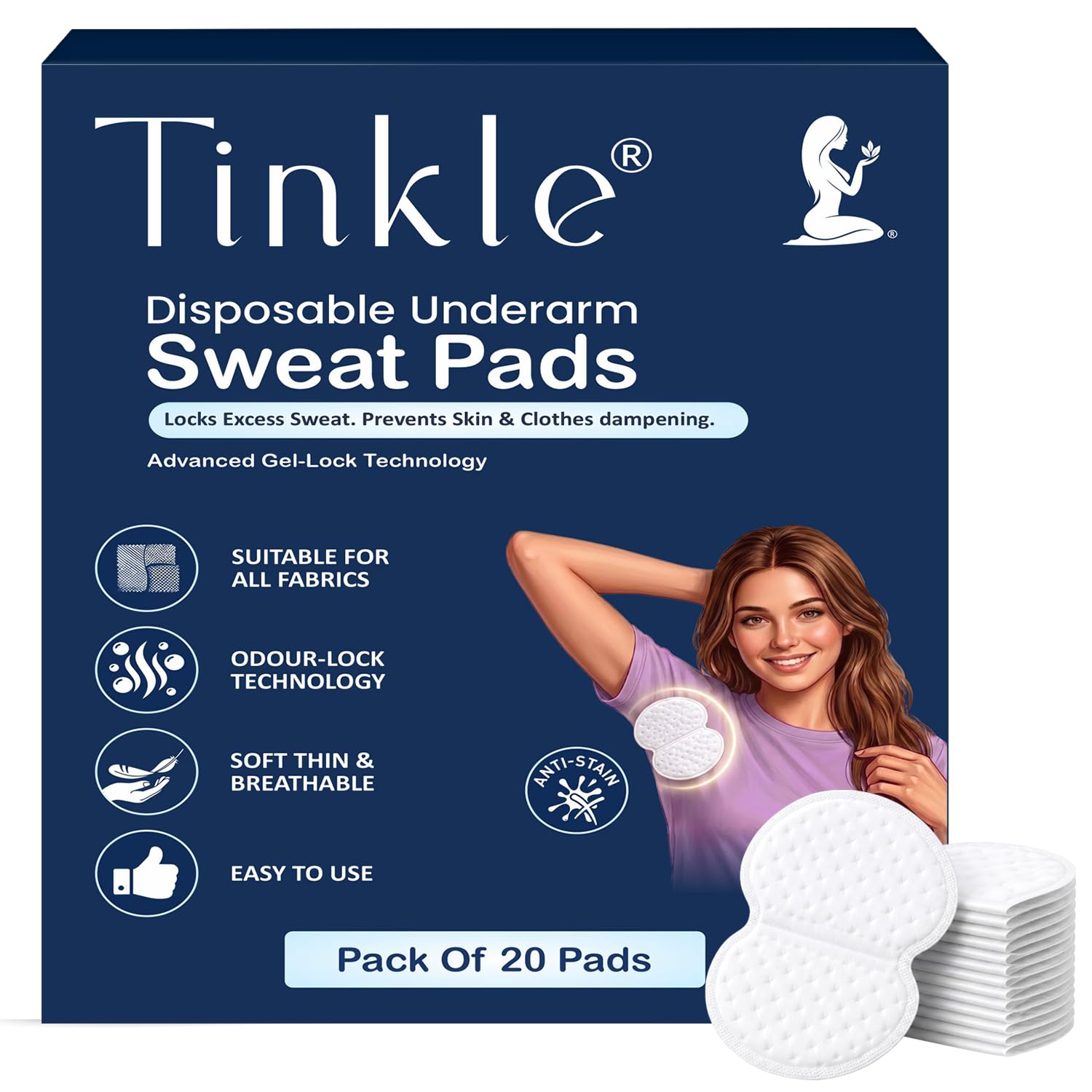Tinkle Dri Disposable Fresh Underarm Sweat Pads for Men & Women, 20 Pads (Pack of 1), Extra Large, Underarm Armpit Sweat Perspiration Pads Shield Adhesive Garment Dress Guards Sweat Free & Odor Free-image-24