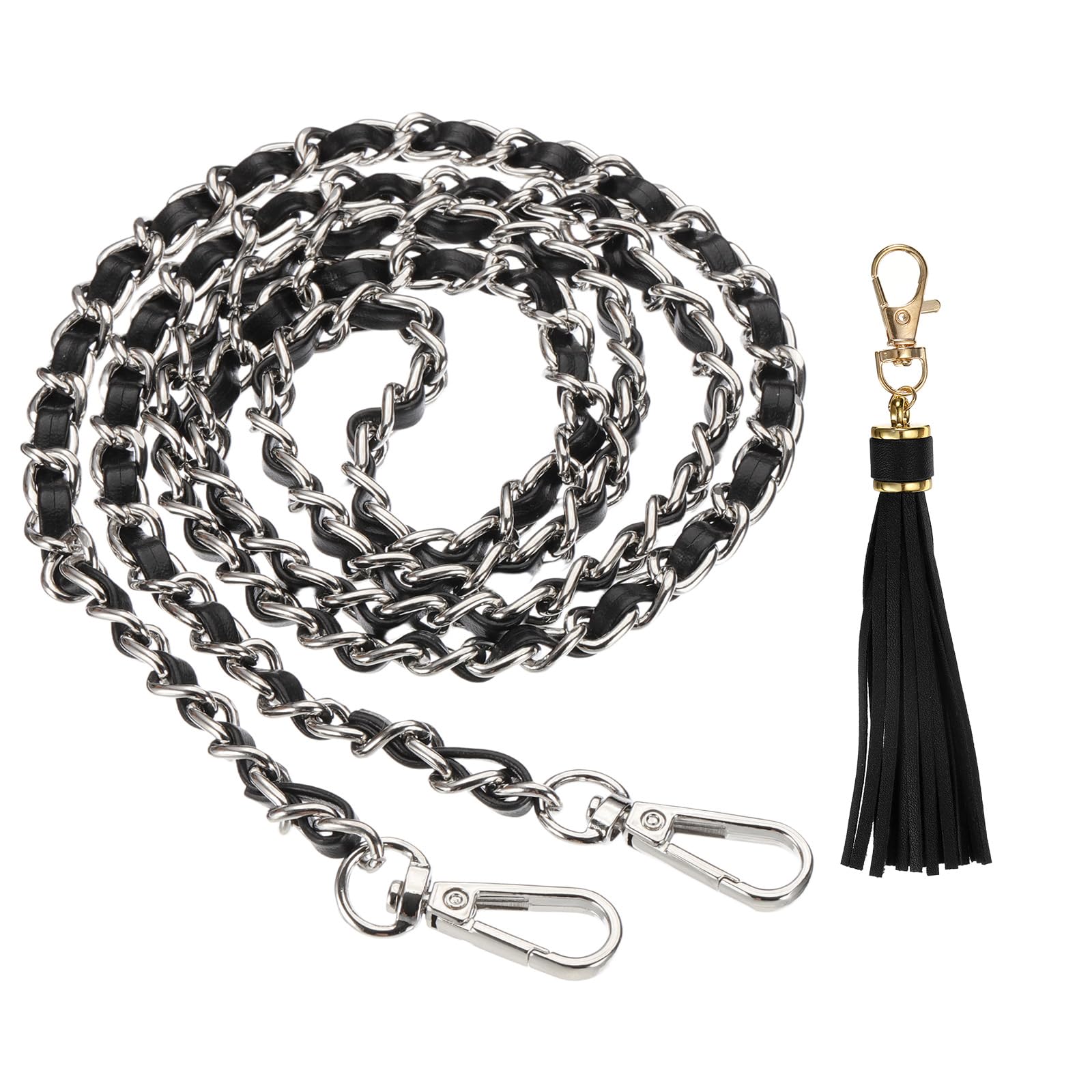 PATIKIL Purse Chain Strap, 47 Inch Leather Chain Purse Strap Replacement with Tassel for Crossbody Bag Handbag Woman Black/Silver