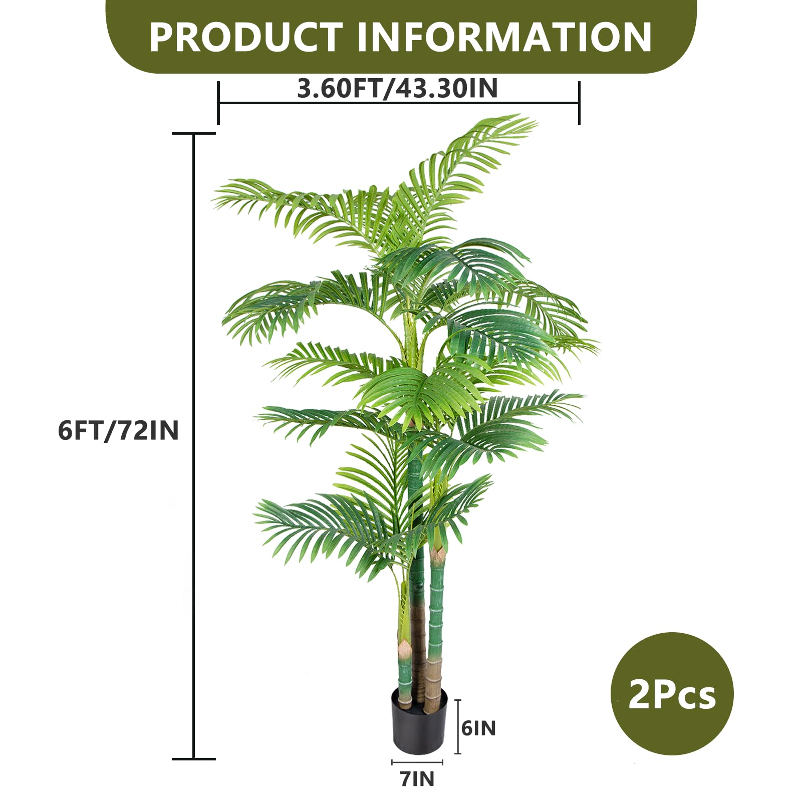 Fake Palm Trees 6FT 2pcs, Artificial Golden Cane Palm Tree 72IN, Green Large Tropical Palm Fake Plant in Pot for Indoor Outdoor, Living Room Outside Patio Office Home Decor
