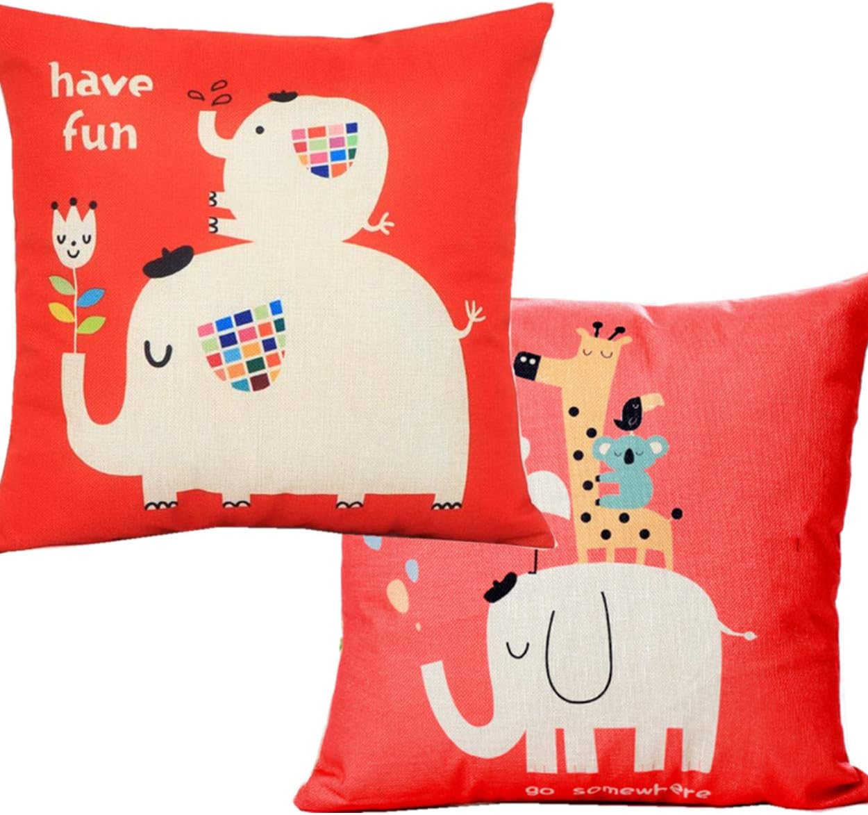 Unibedding Set of 2 Cartoon Throw Pillow Covers Case, Animal Elephant Print Cushion Cover Cotton Linen for Wedding Party Sofa Couch 18 x 18 Inch