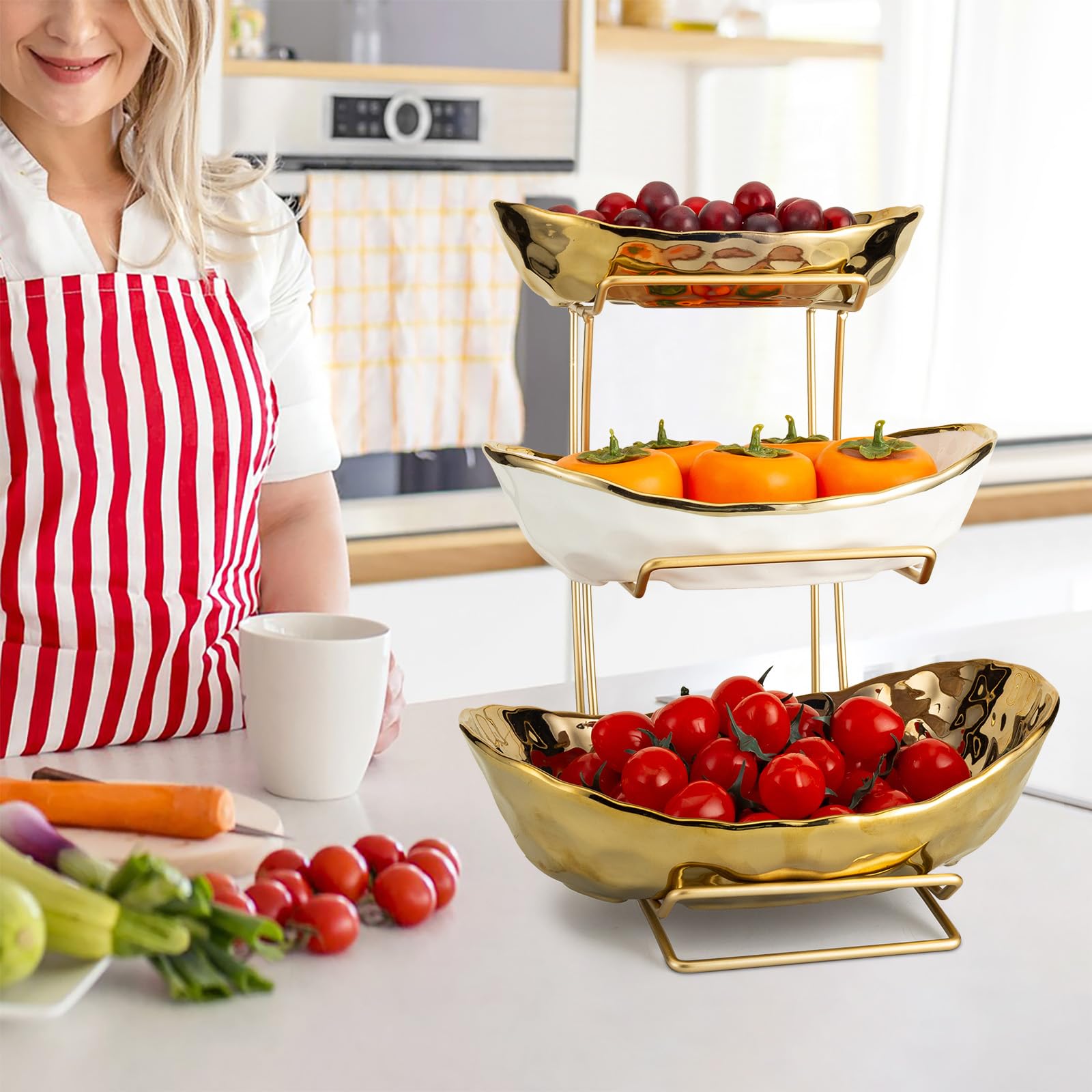 XUDREZ Witgouden fruitschaal voor keuken, 3 niveaus, keramische