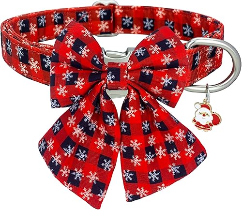 HIIXHC Collar de Navidad para perro con corbatín, collares suaves y ajustables para mascotas con hebilla de metal segura, collar de copos de nieve