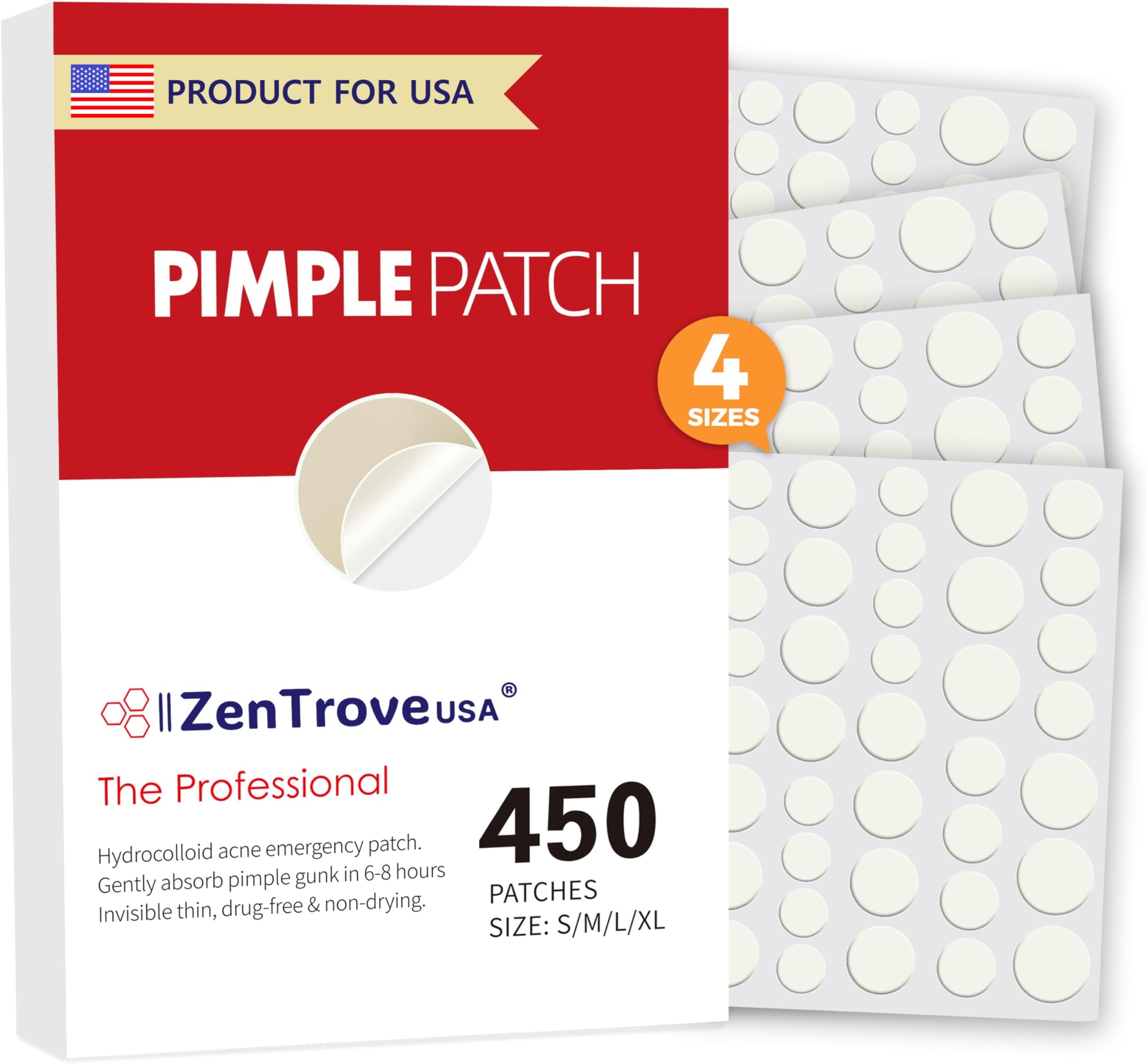 ZenTroveUSA Pimple Patches for Face, 4 Size 450 Count Acne Patches, Hydrocolloid Patches for Covering Zits and Blemishes, Spot Stickers with Salicylic Acid, Glycolic Acid, Tea Tree Oil & Calendula Oil