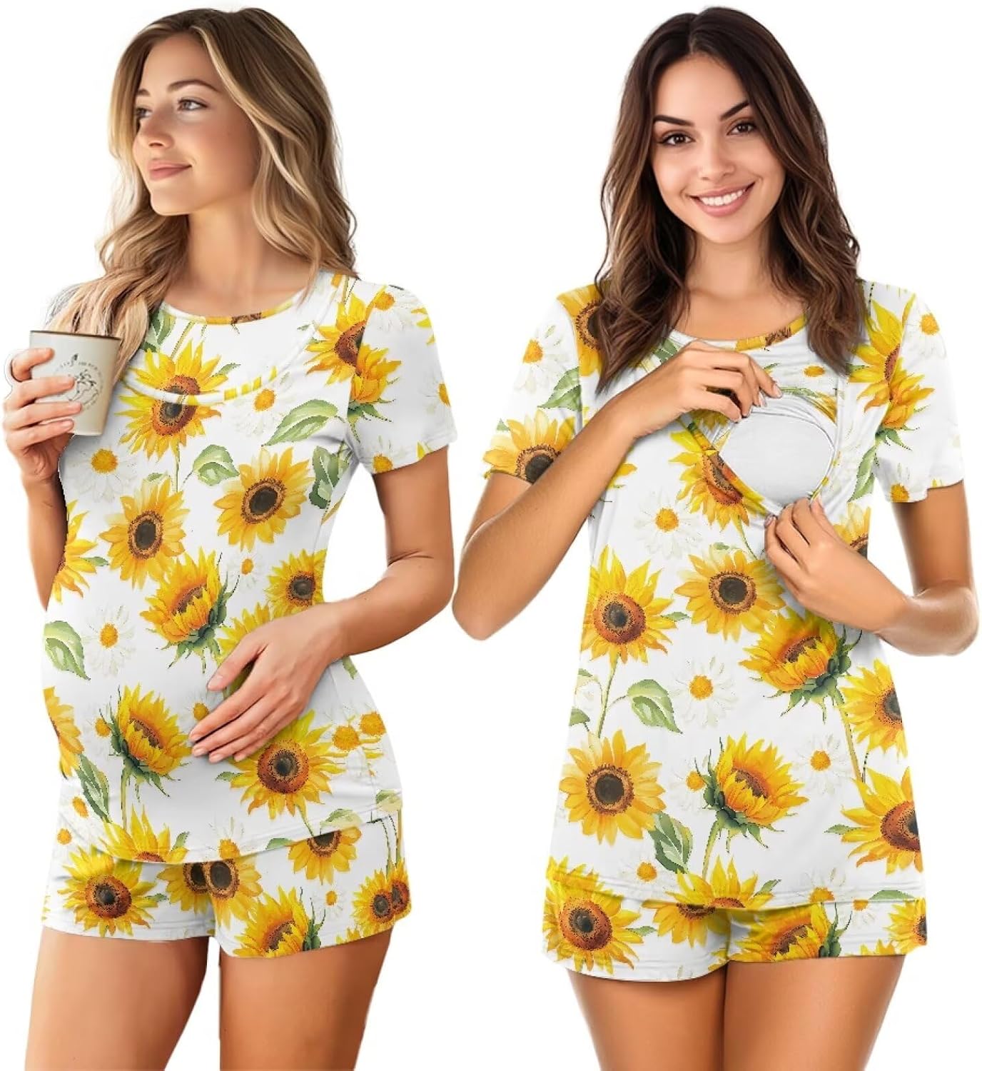 2 Piece Maternity Nursing Pajama Sets for Women, Short Sleeve Pregnancy PJS for Home S-2XL