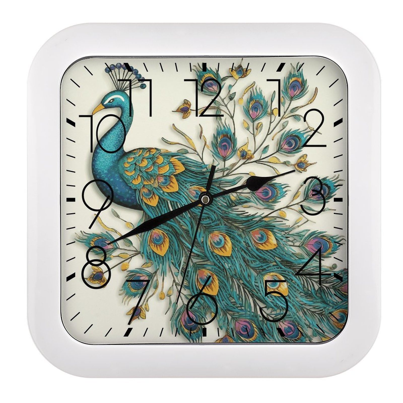 LDGSUPH Peacock Pattern Wall Clock Silent Non-Ticking Modern Clock Personalized Vintage Square Clocks for Travel Office Kitchen Home Decorative Clocks 10.2 Inch