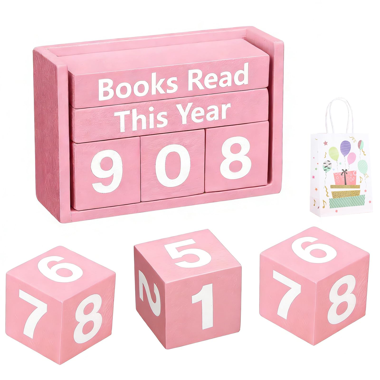 Books Read This Year Counter - Book Tracker Sign with Number Cubes, Reading Challenge Gift for Bookworms, Library Lovers, Teachers - Bookshelf & Desk Decor (Up to 999 Books) (Pink)