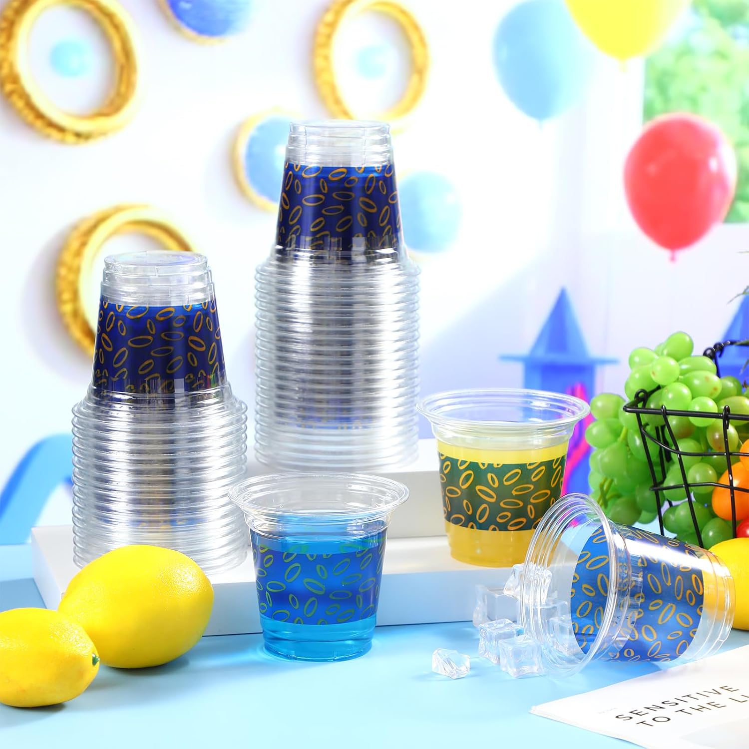 LemonRoad 100 Pcs Blue and Gold Rings Plastic Cup 12oz Clear Disposable Cartoon Cups Cold Beverage Drinking Container for Birthday Holiday Video Game Party Decorations Supplies image 3