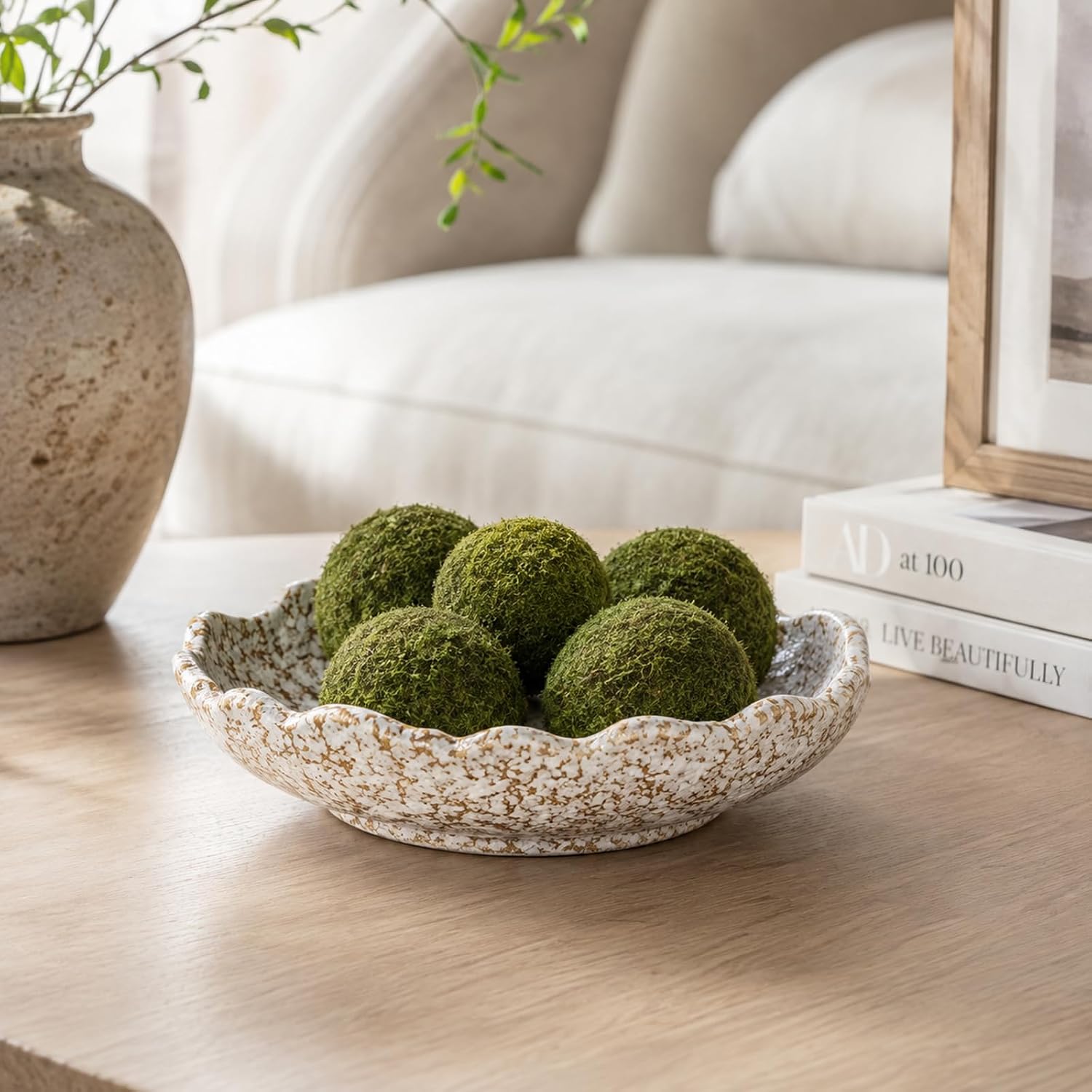 Ceramic Decorative Bowl, White Speckled Wavy Rim Centerpiece Bowl, 8.66 In