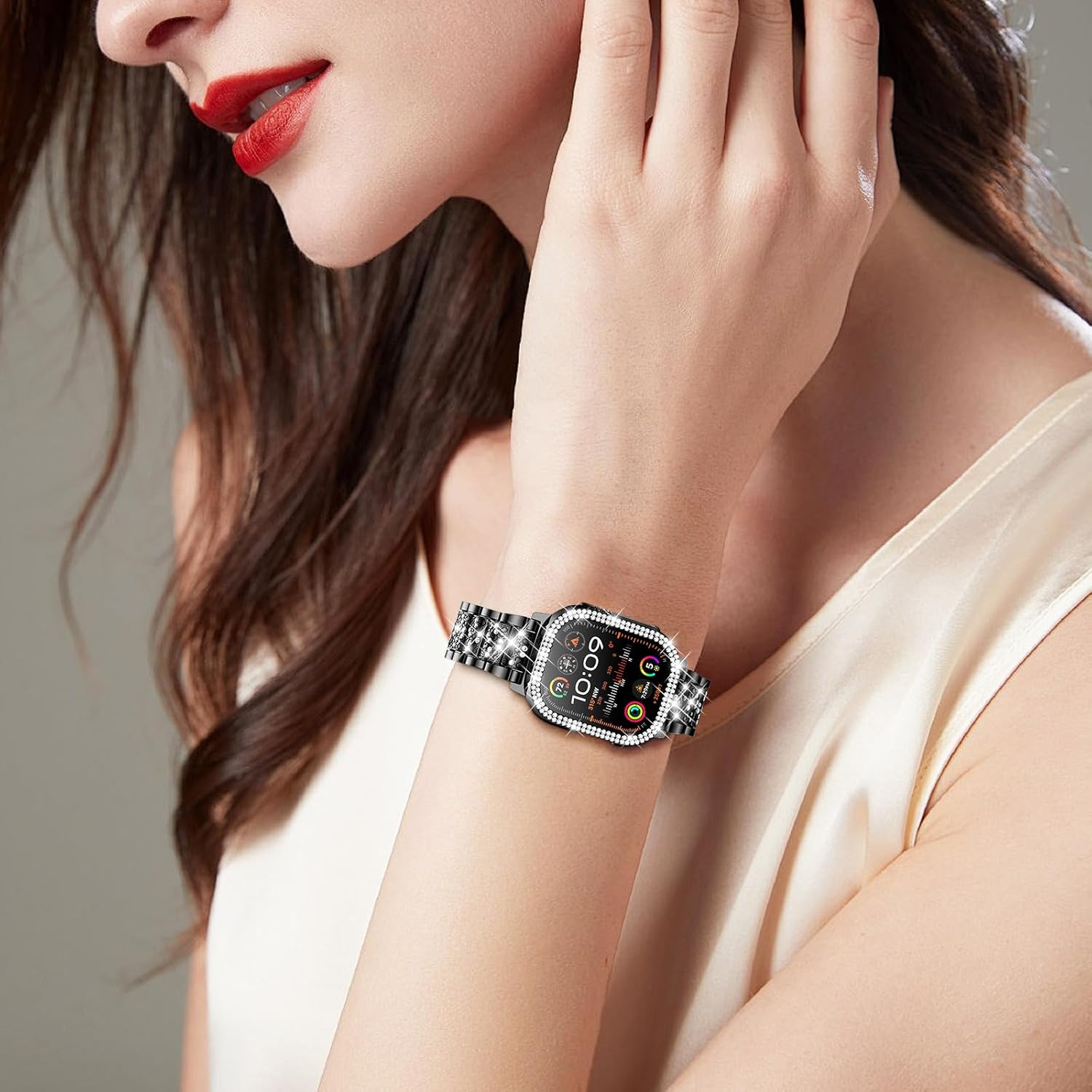 Mosonio Compatible with Apple Watch Band 38mm 40mm 41mm 42mm 44mm 45mm 46mm 49mm with 2 Pack Case Women, Jewelry Replacement Metal Bands Strap with Bling PC Protective Case for iWatch Ultra SE Series 11/10/9/8/7/6/5/4/3/2/1 Black 49mm (Ultra 3/2/1)