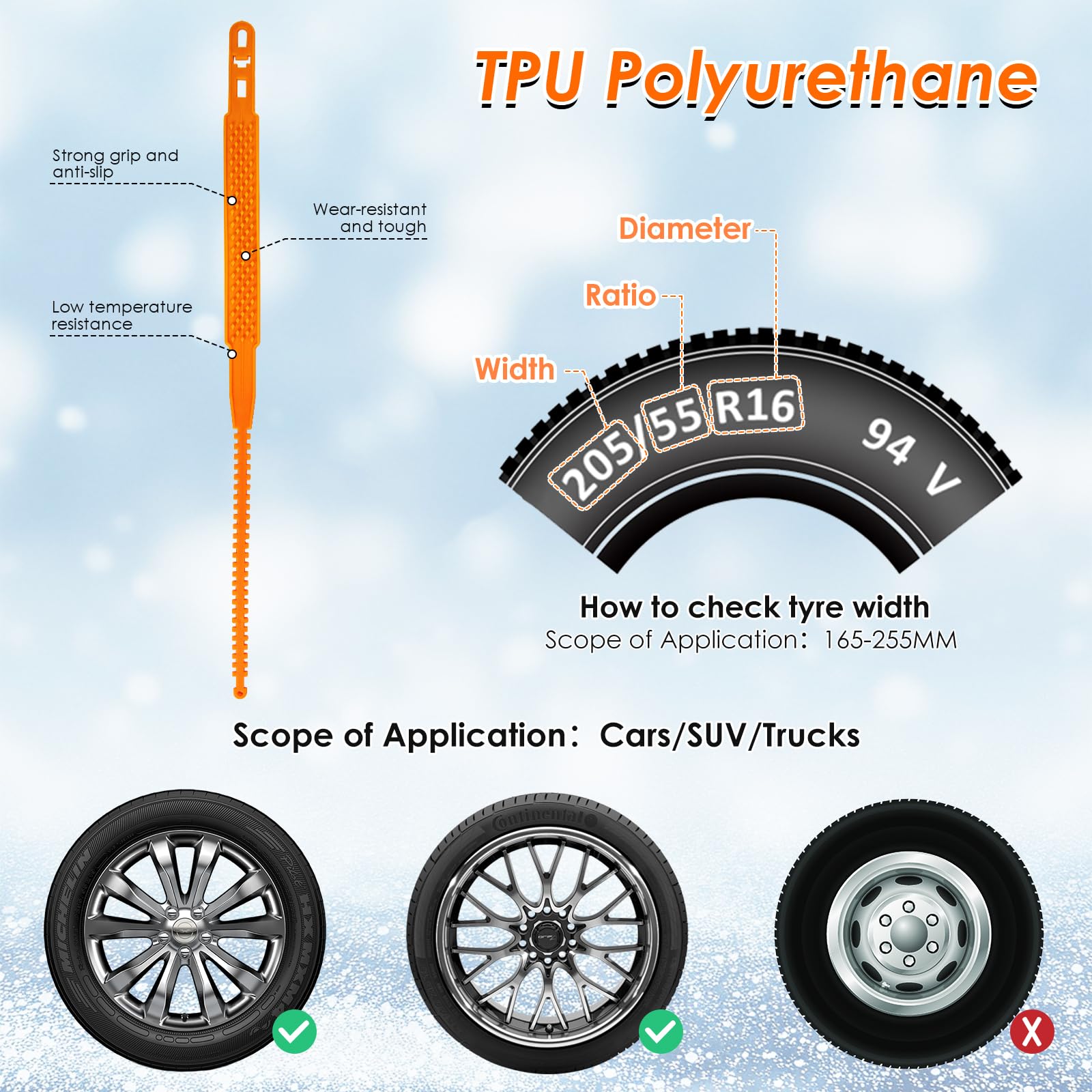 Cadenas de Nieve para Coche Ninonly 10Pcs Cadenas Nieve Universales para Vehículo Coche Camión SUV Ajustan para Neumáticos Ancho 165mm-255mm para Barro, Arena, Nieve, Hielo