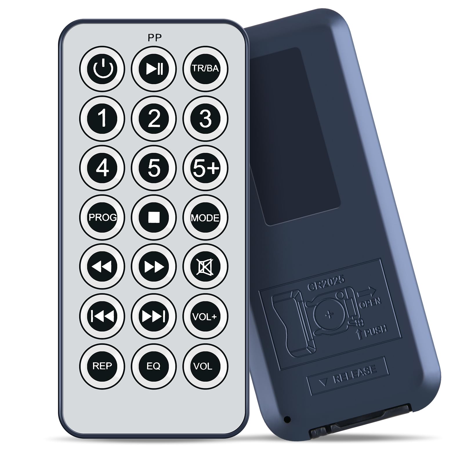 PZL remote control being held, pointing towards a stereo system or TV, demonstrating long-distance control.