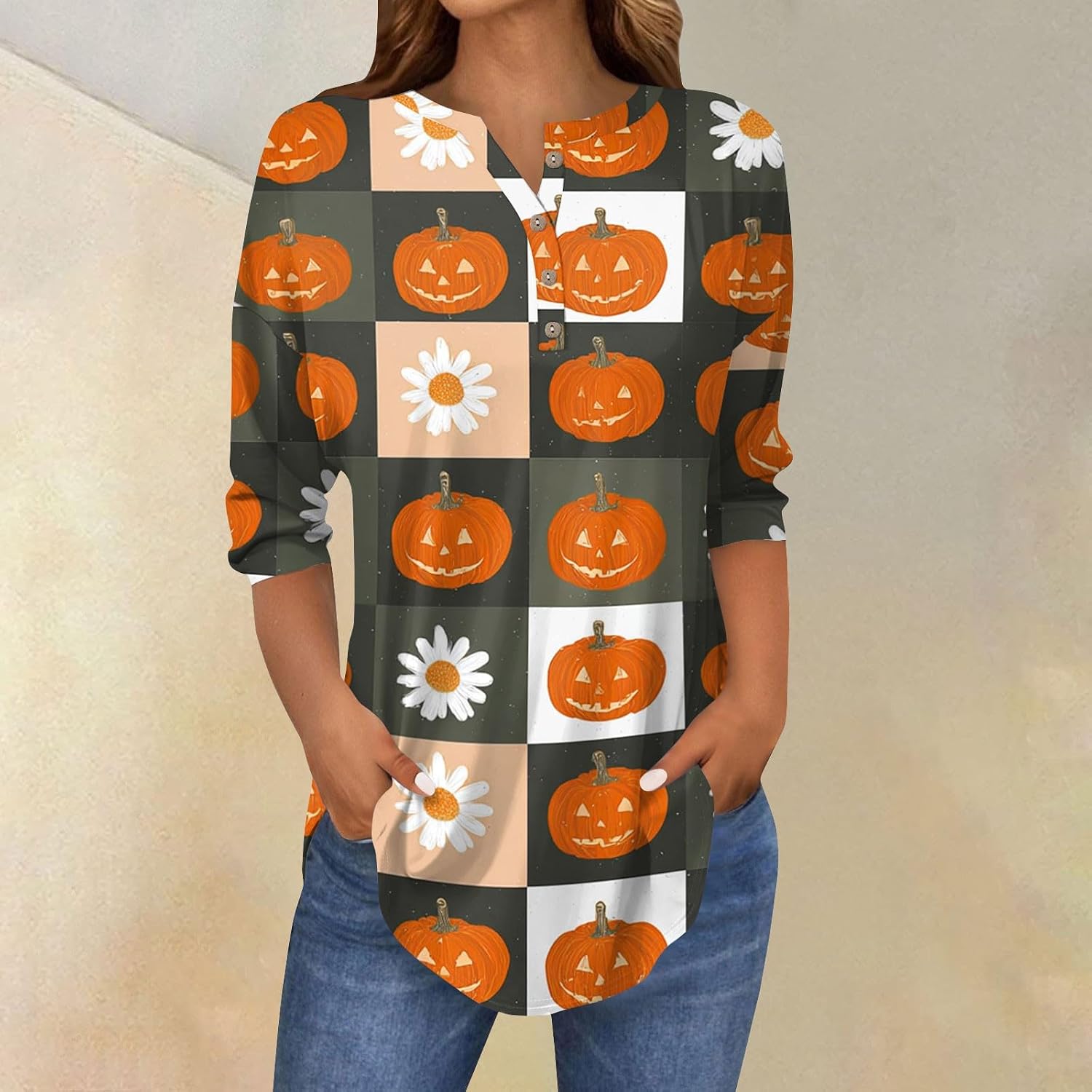 Womens Long Sleeve Halloween Fall Button V Neck Graphic Shirts | Petite Tops, Plus Size Shirt, Light Weight Long Sleeve Blouses for Women Summer, Cruise Wear for Women,