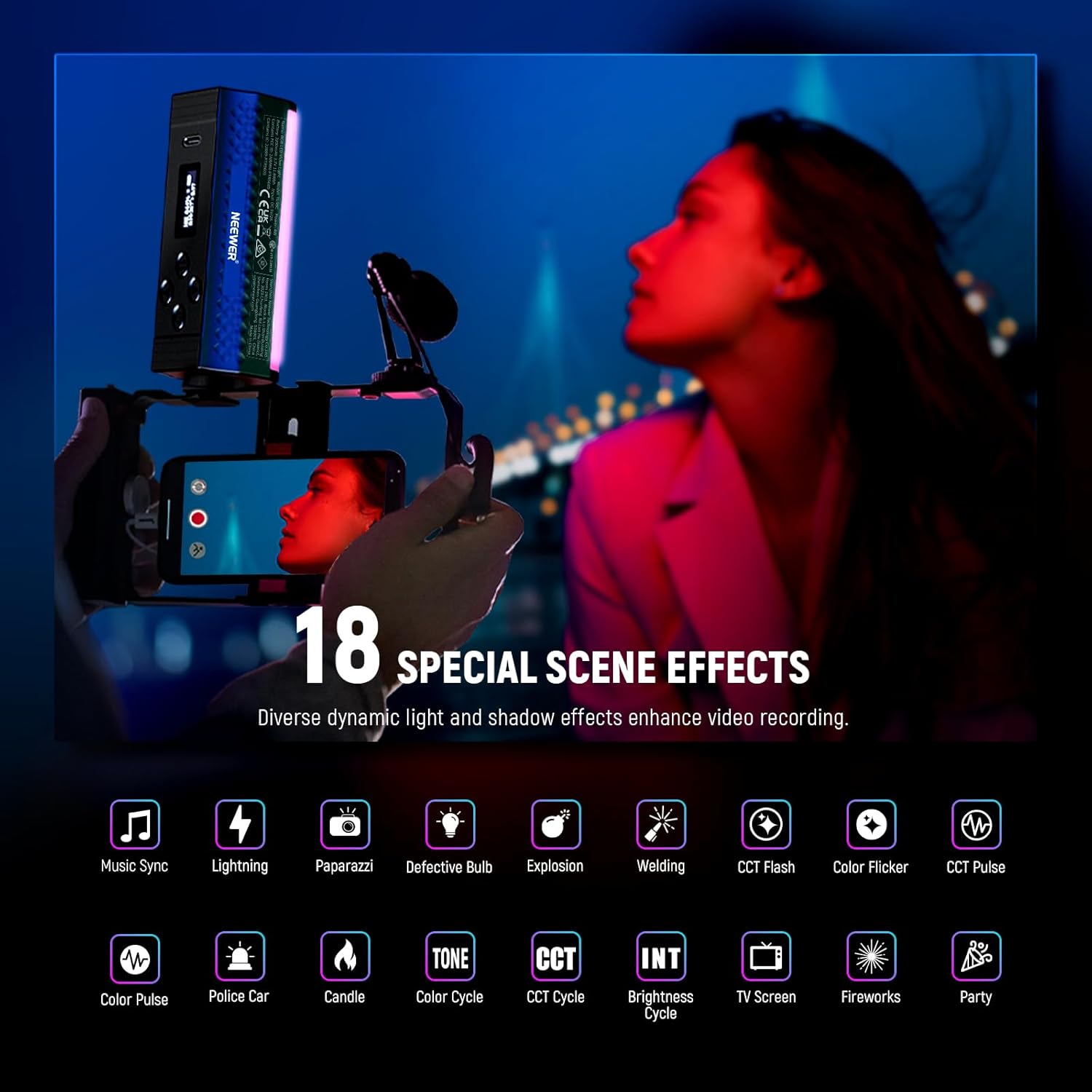 NEEWER Pro Magnetic Handheld Light Wand with APP DMX Control/Custom Effects/Light Group, 360° Full RGB, 2600mAh 2500~10000K Dimmable LED Lighting CRI97 17 Scenes for Video Recording Streaming, TL98C