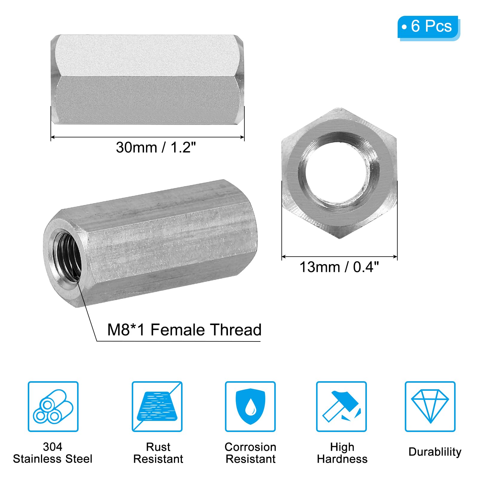 PATIKIL M8 x 1-Pitch 304 Stainless Steel Hex Coupling Nuts - Image 2