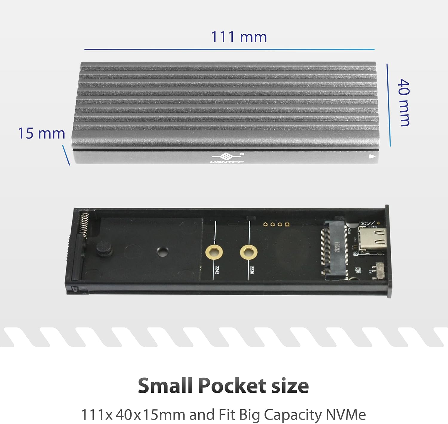 Vantec M.2 Nvme SSD to USB 3.1 Gen 2 Type C Enclosure with C to C Cable, Space Gray Color, ID5 (NST-205C3-SG)