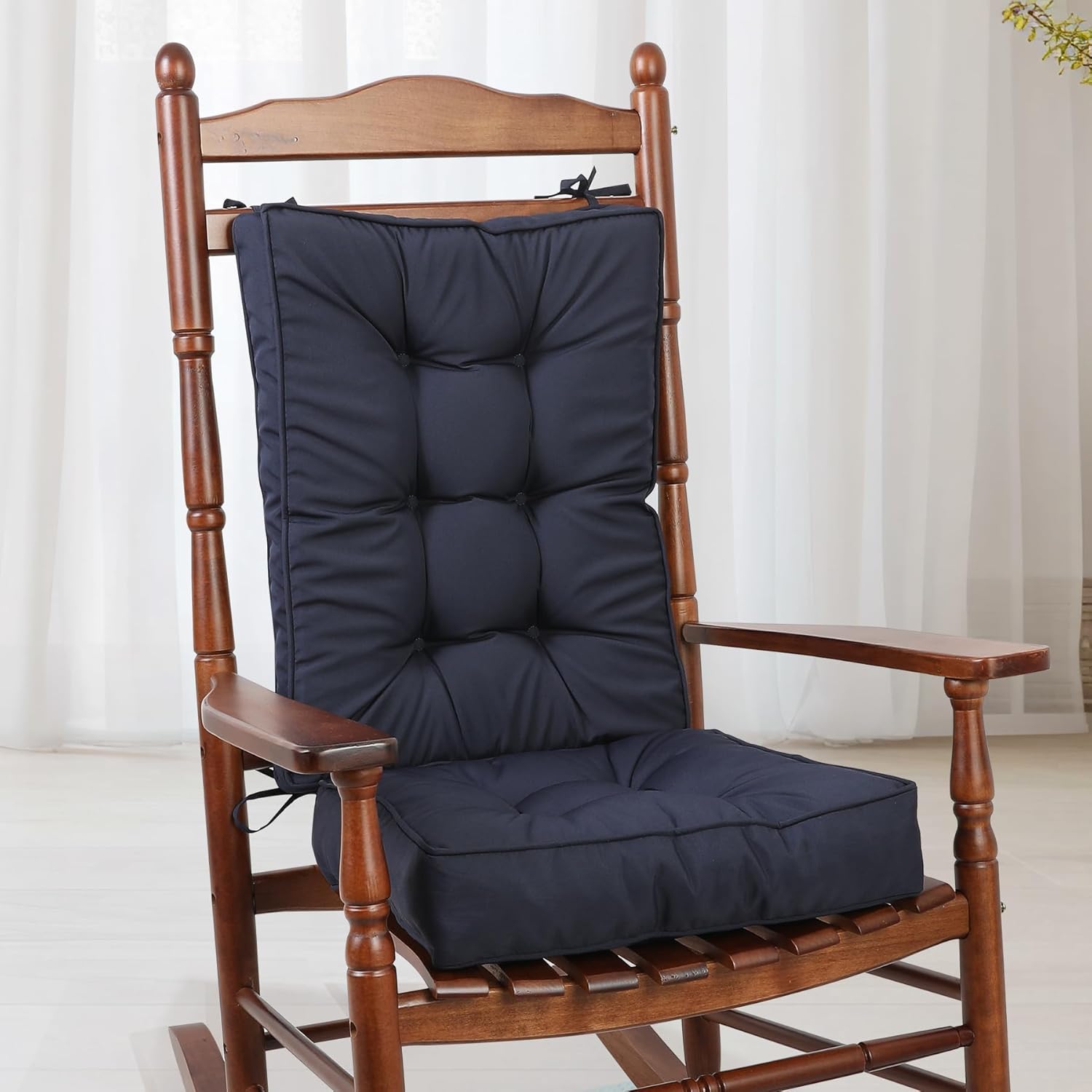 RACE LEAF Rocking Chair Cushion Set - High Back Memory Foam Patio Chair Cushions with Non-Slip Design & Ties, Indoor/Outdoor Rocker Pads, Navy